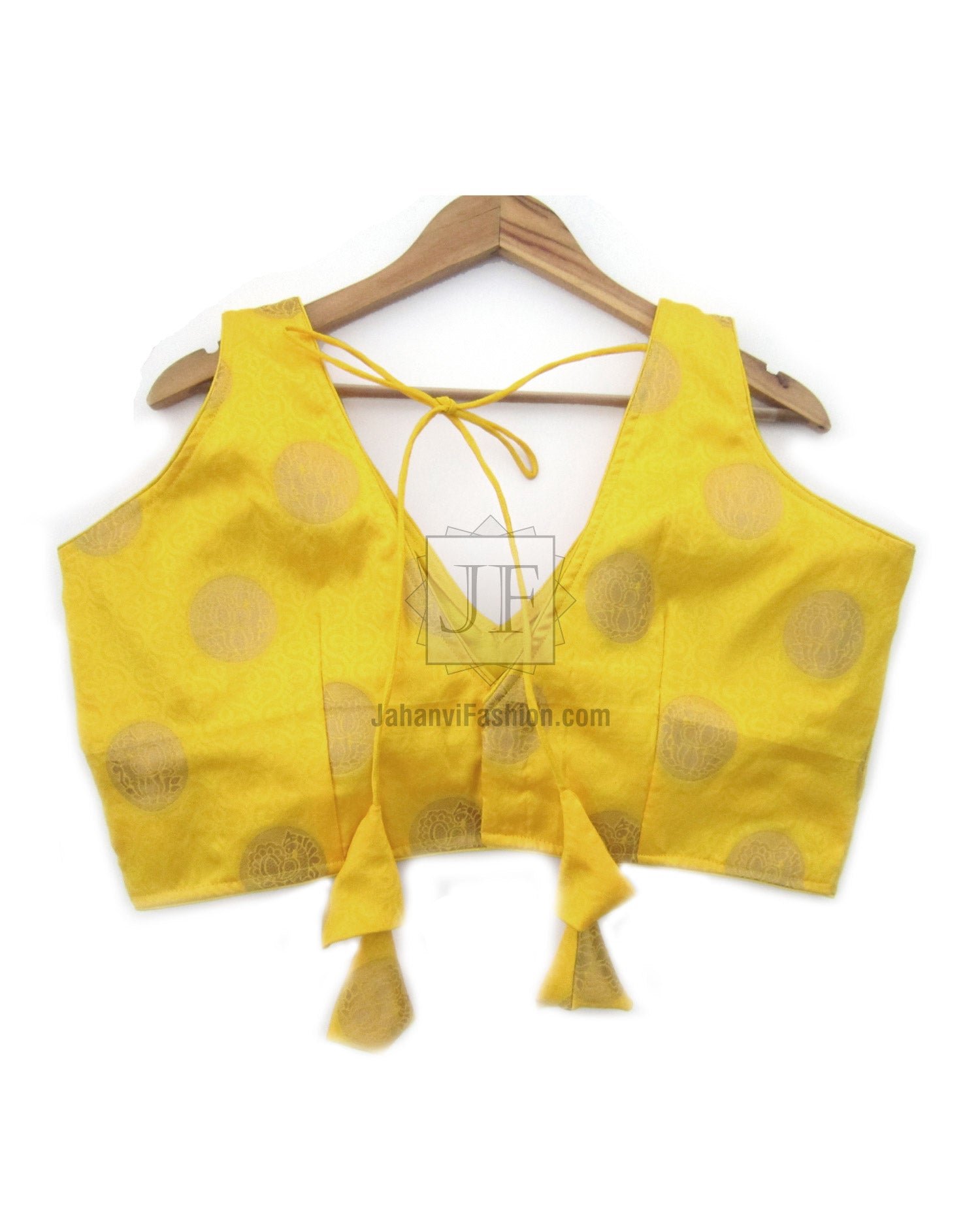 Yellow sleeveless saree blouse with V-neck and tied front tassel strings