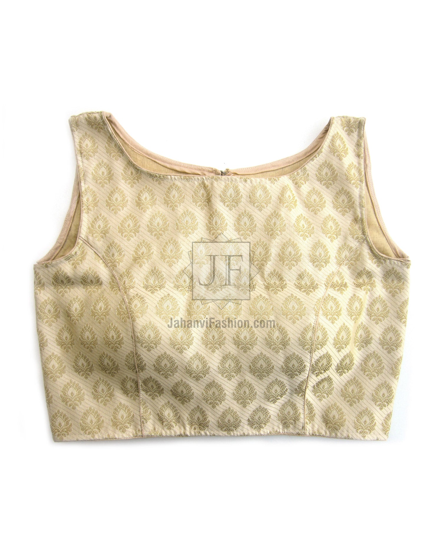 Sleeveless boat-neck brocade saree blouse in gold pattern on cream