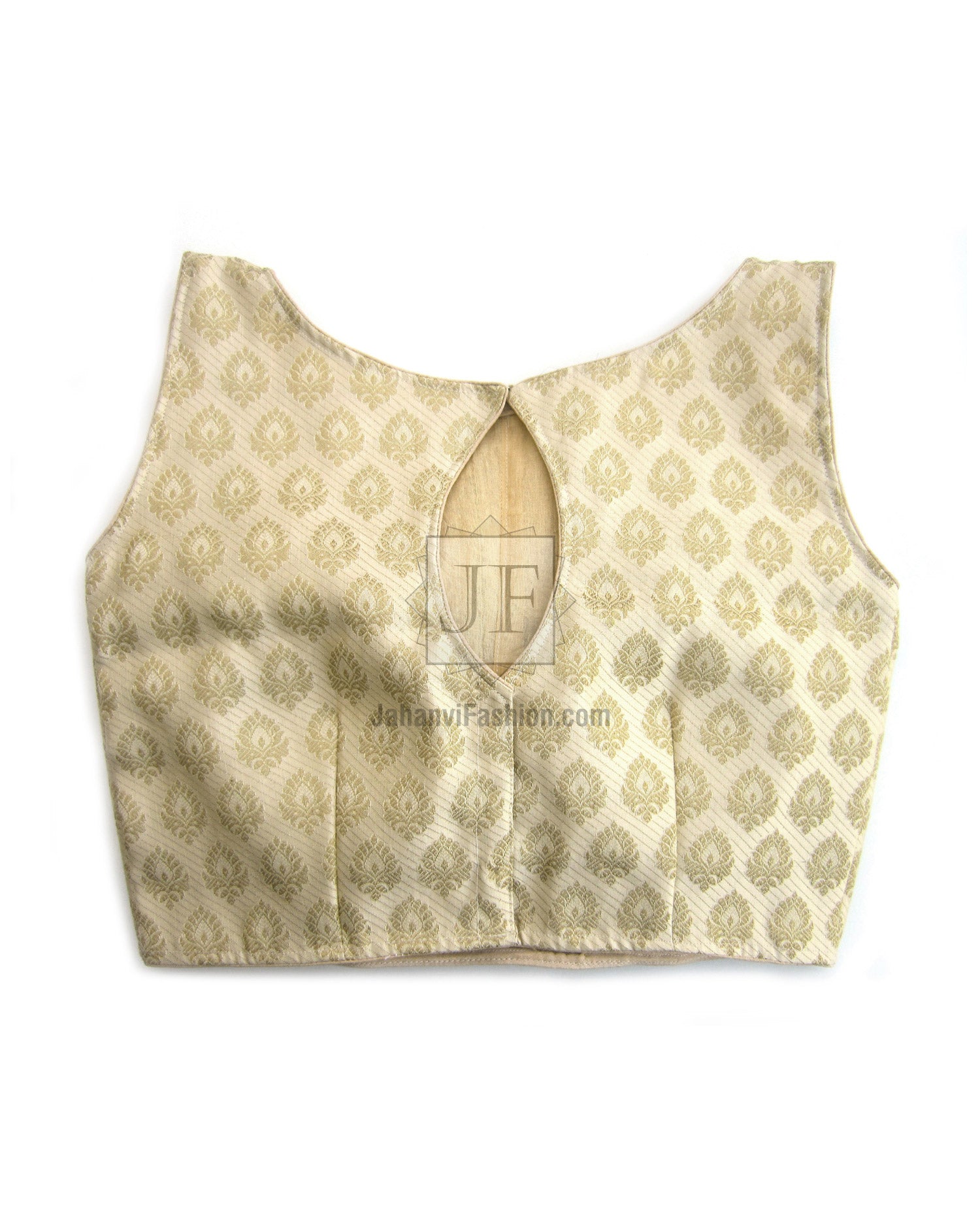 Sleeveless boat-neck brocade saree blouse with keyhole opening on cream