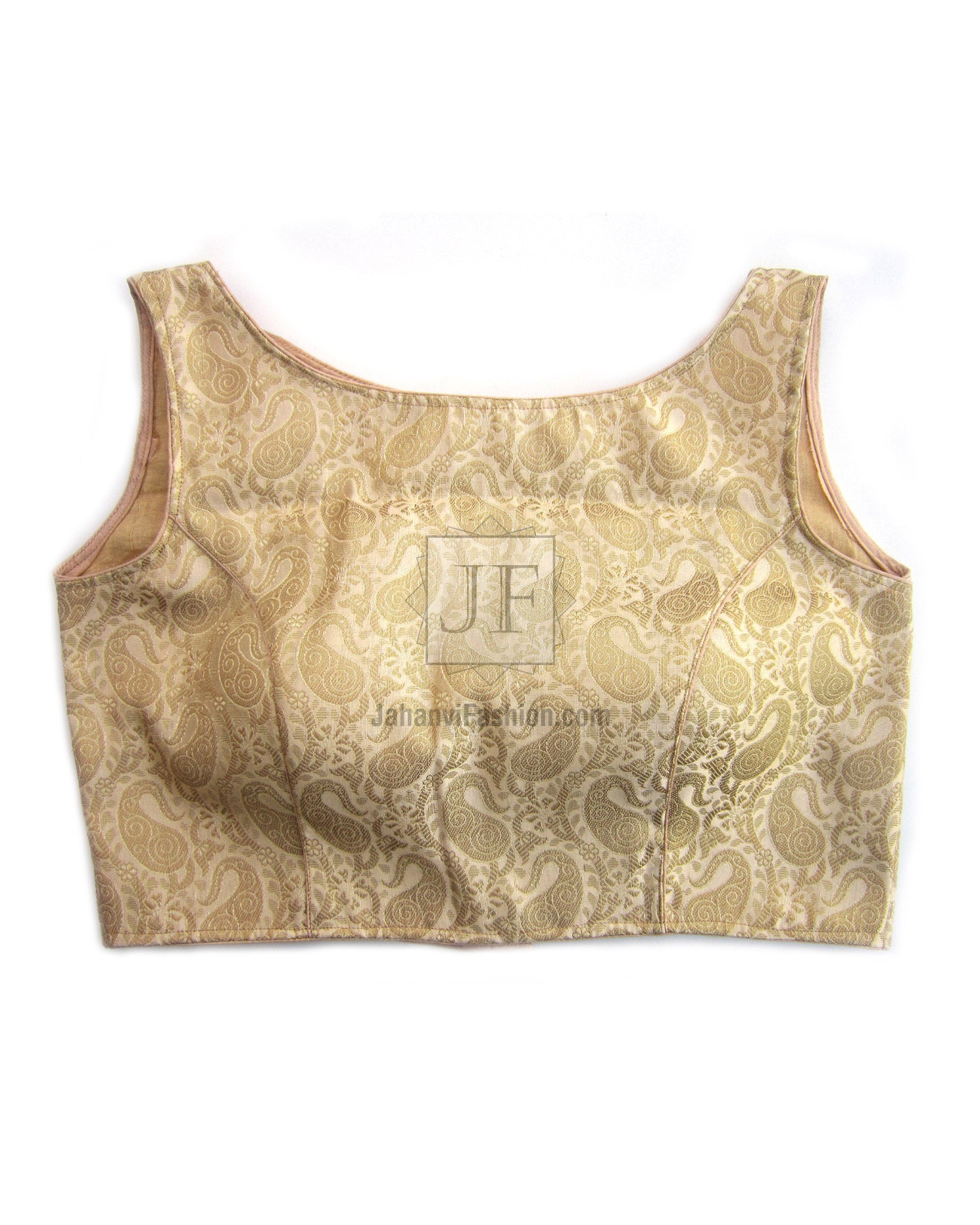 Gold brocade sleeveless saree blouse with curved neckline and central seam