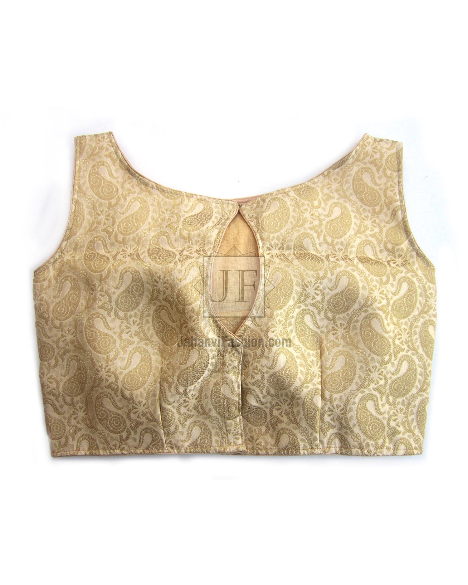 Gold brocade sleeveless saree blouse with curved neckline and princess seams
