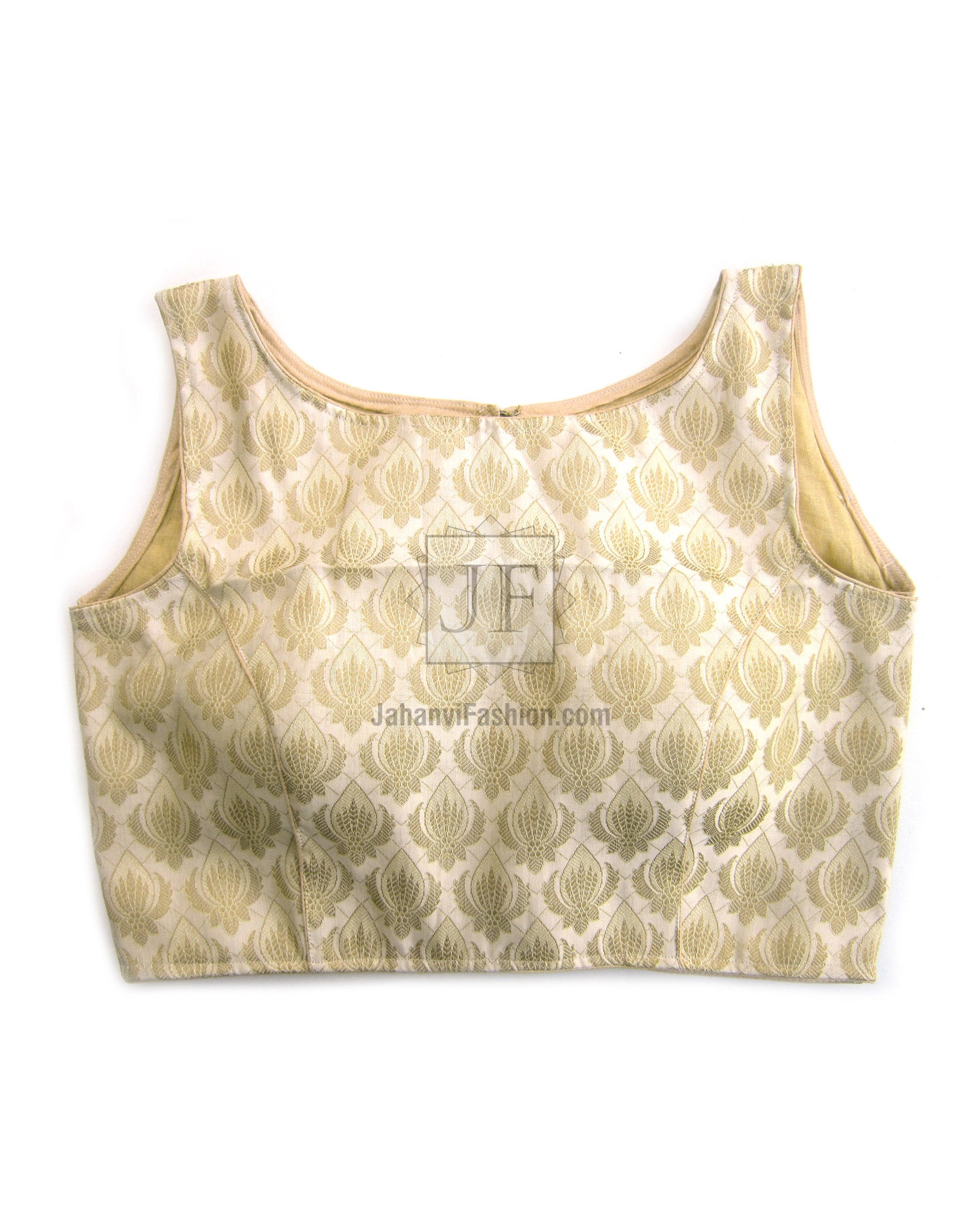 Sleeveless boat-neck saree blouse, princess seams, gold leaf print, front view
