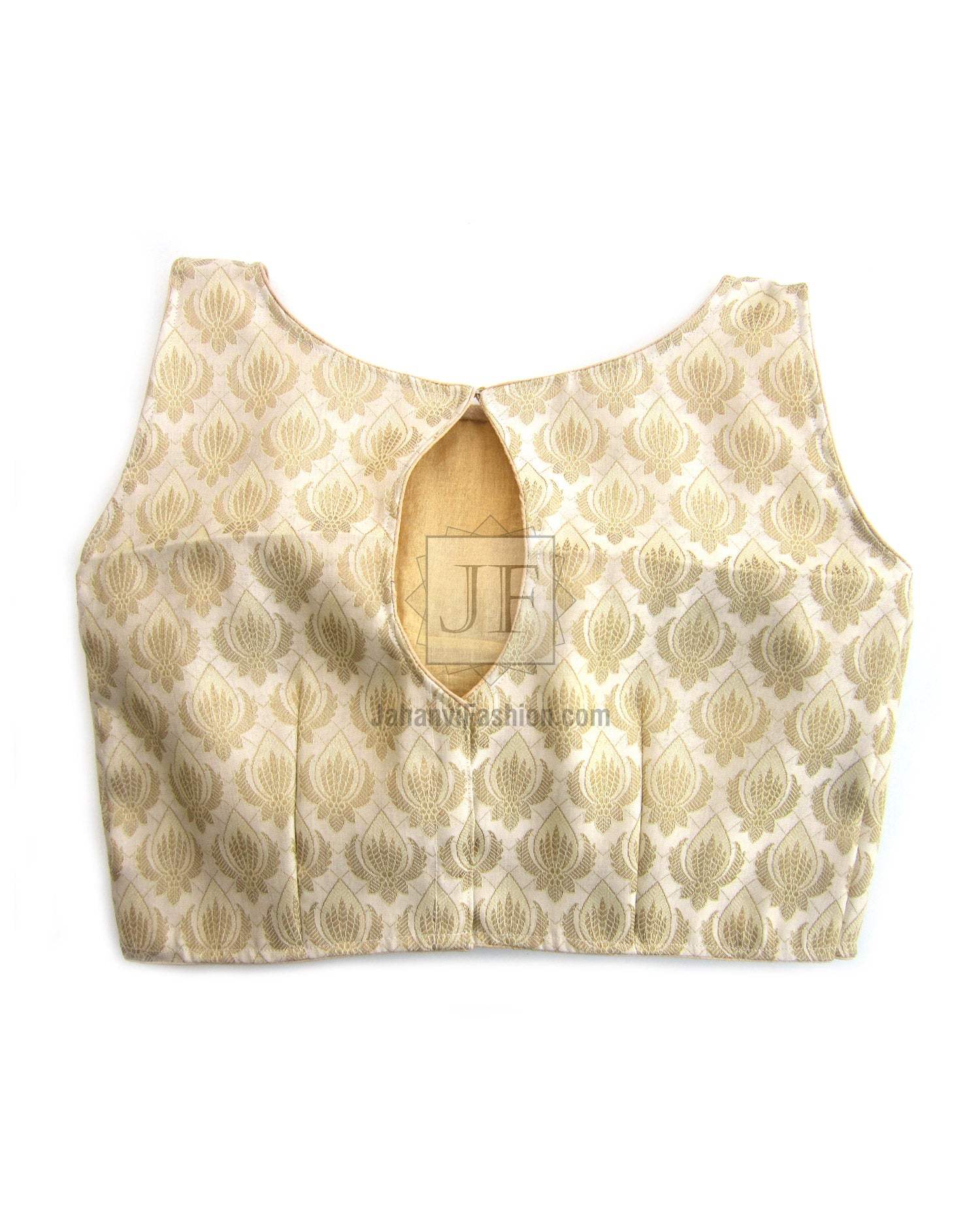 Sleeveless boat-neck saree blouse, gold leaf print, back closure keyhole opening