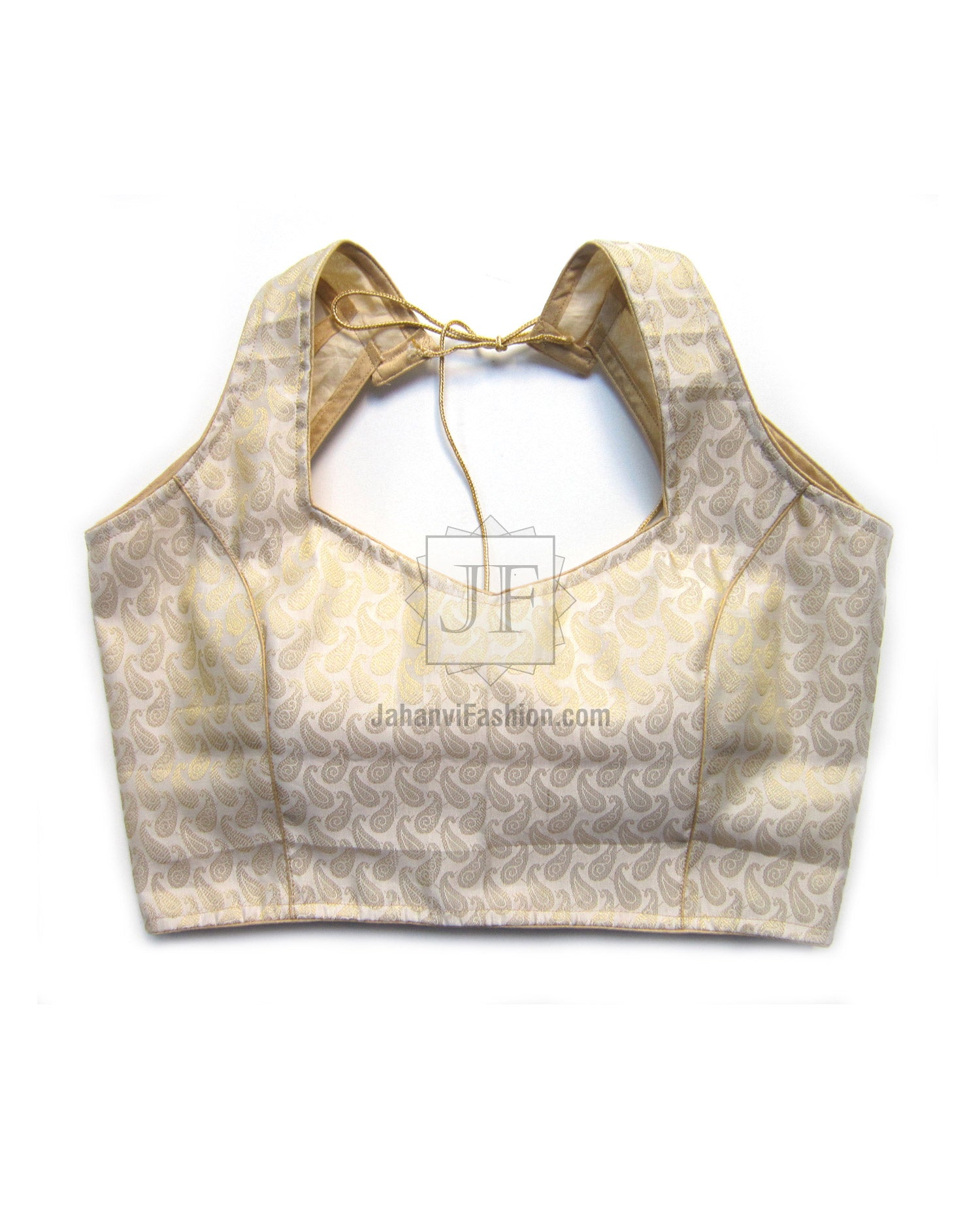 Golden halter neck blouse with patterned fabric, open back and tie straps