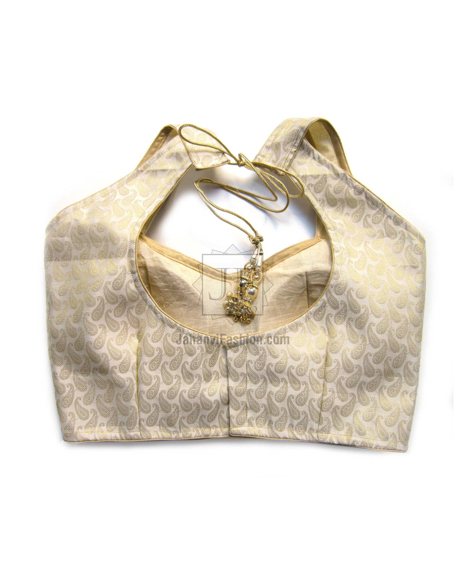 Golden halter neck blouse with patterned fabric, open back, tie straps and jeweled pendant