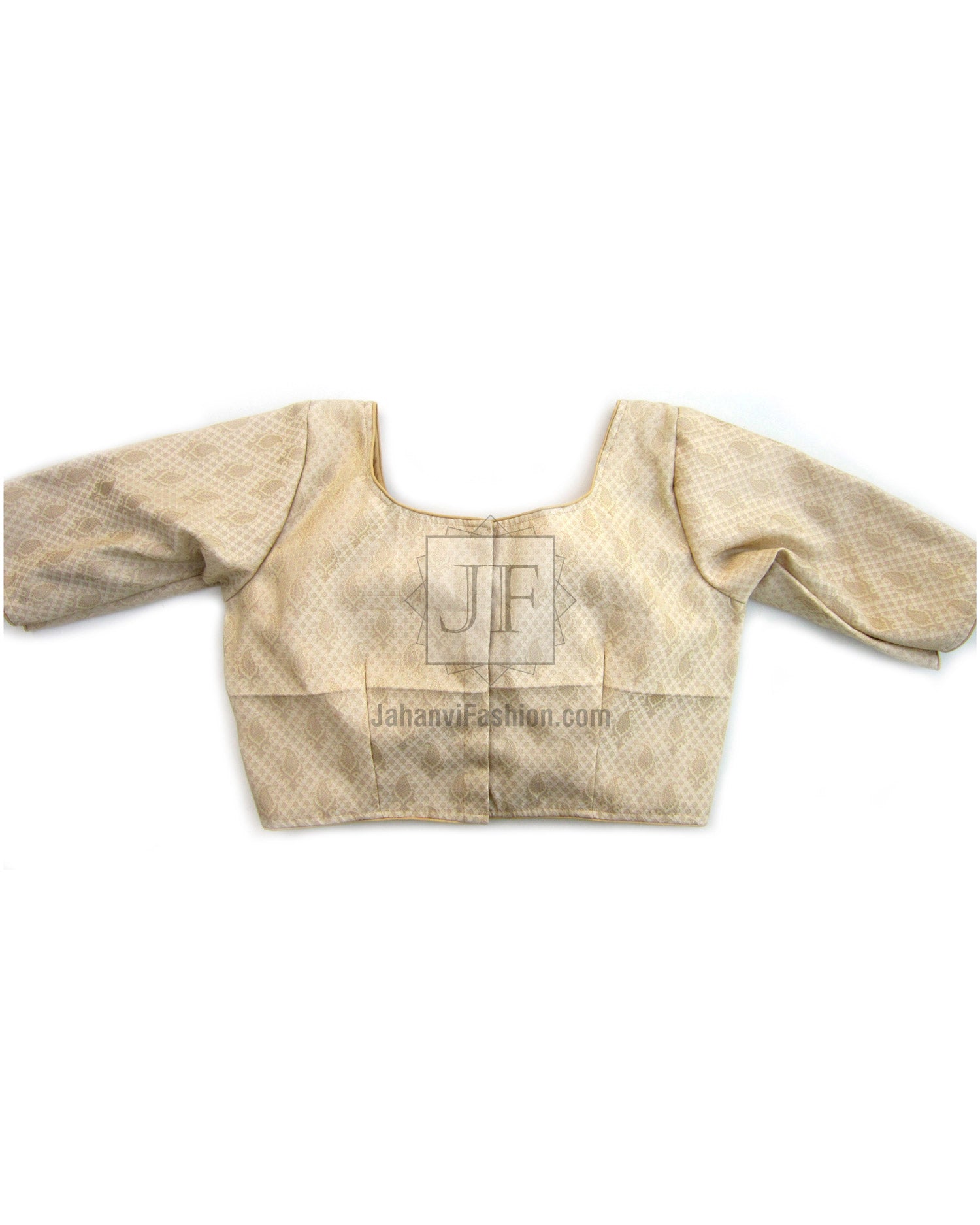 Saree blouse with quarter sleeves, square neckline, gold-toned woven texture
