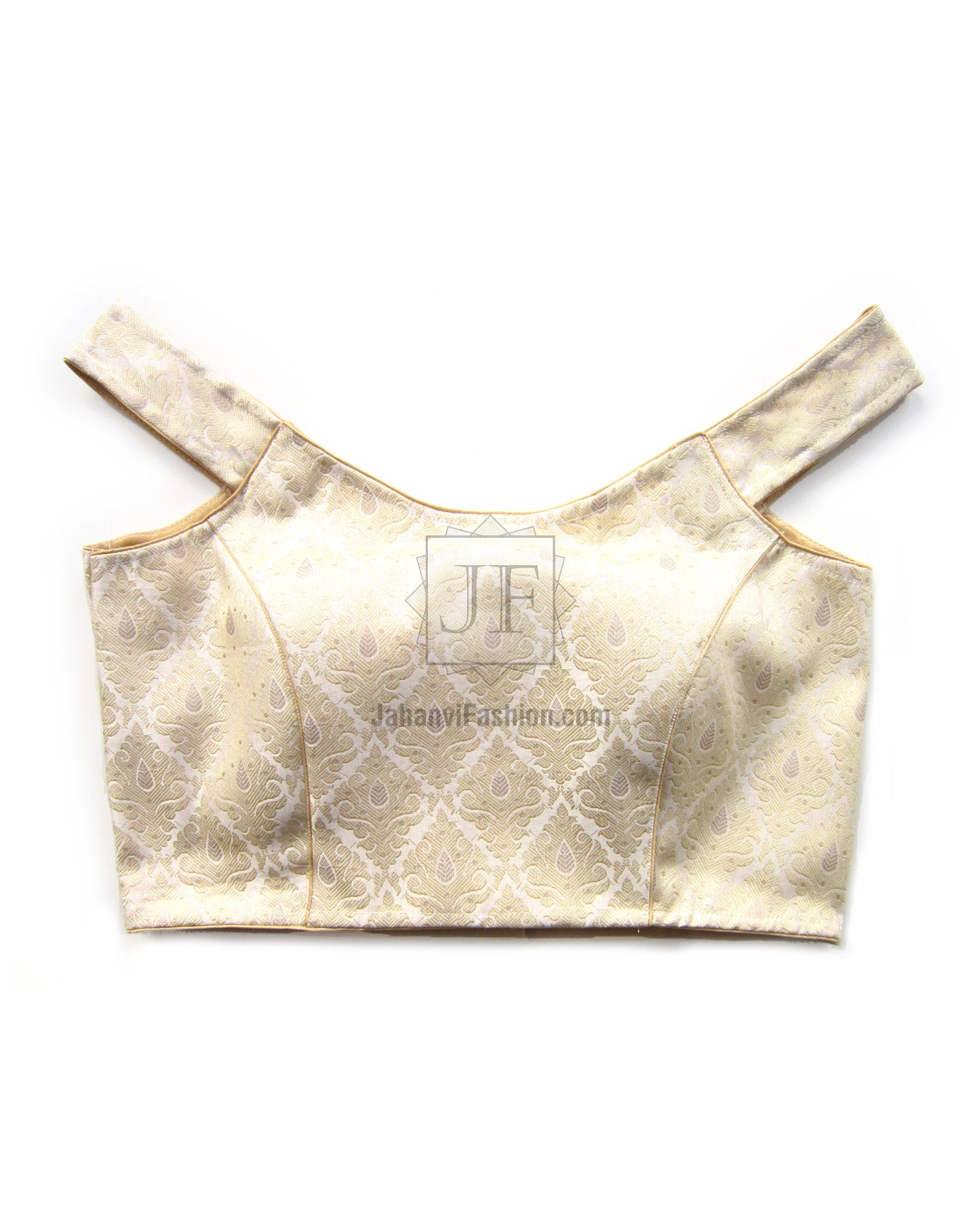 Cream brocade saree blouse back with keyhole neck and hook closure, curved yoke