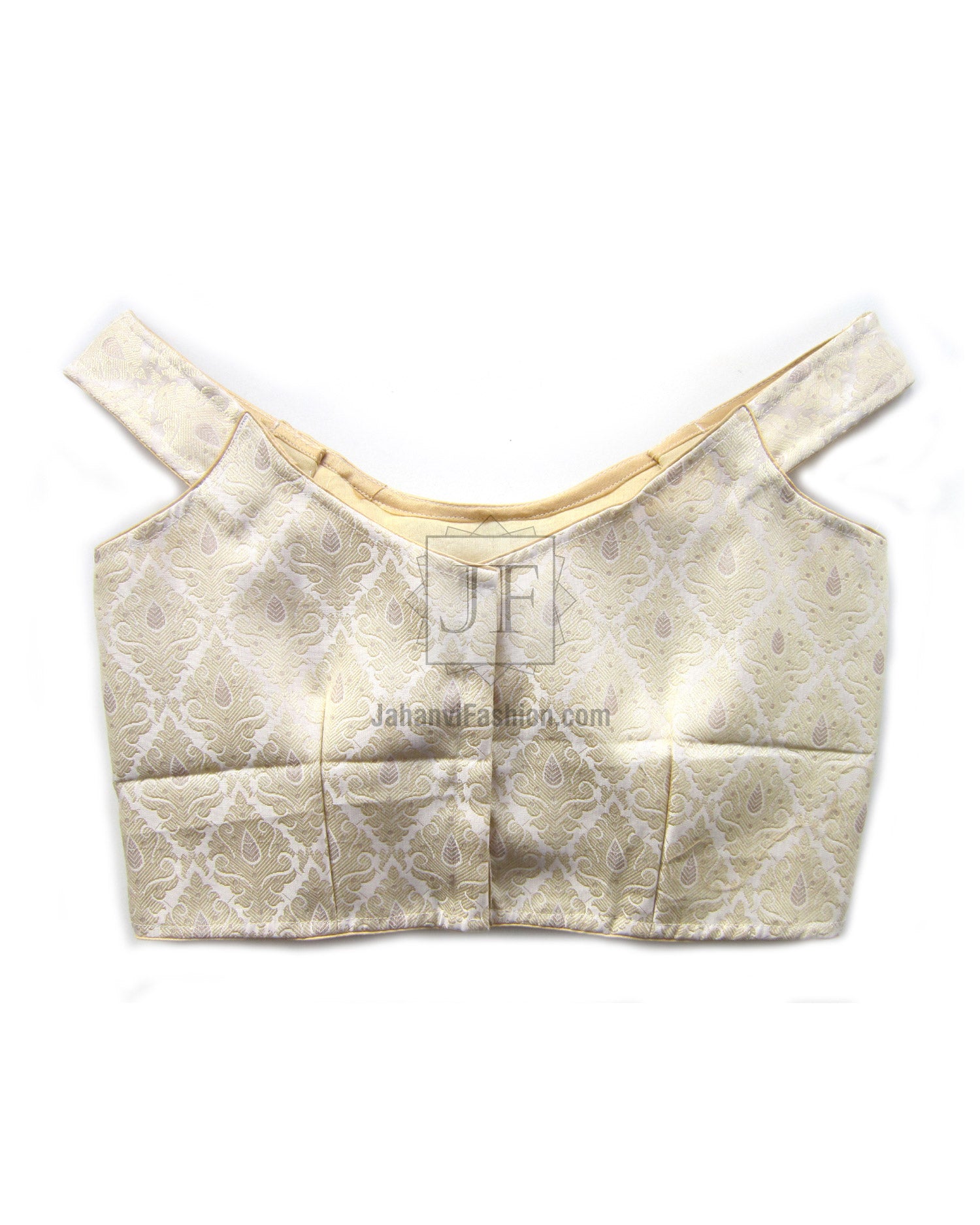 Cream brocade saree blouse back with keyhole neck and hook closure, short sleeves