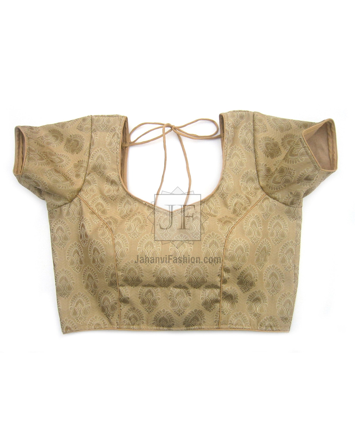 Golden brocade blouse crop top with sweetheart neckline and lace-up tie straps, short sleeves