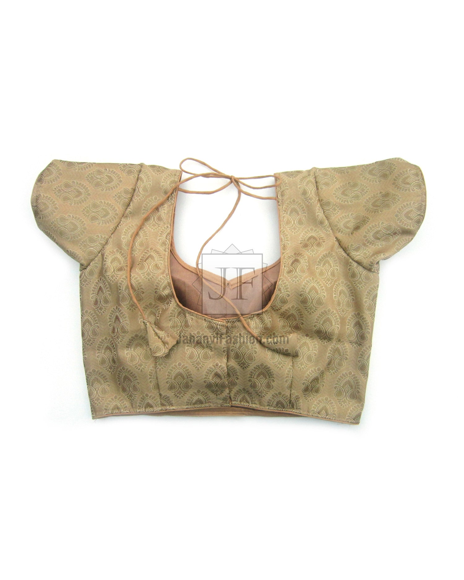 Golden brocade blouse back crop top with open back lace-up crisscross ties, short sleeves