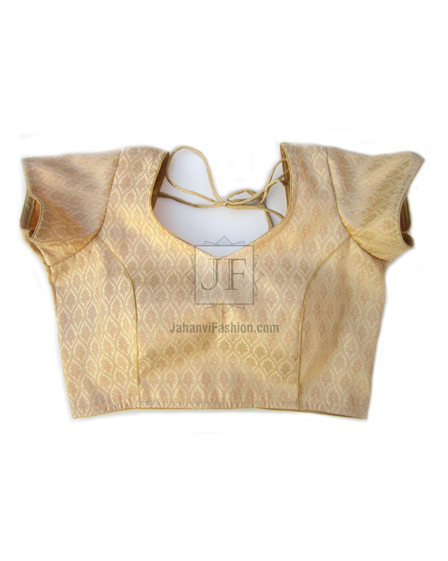 Golden brocade saree blouse with sweetheart neck, short cap sleeves, princess cut