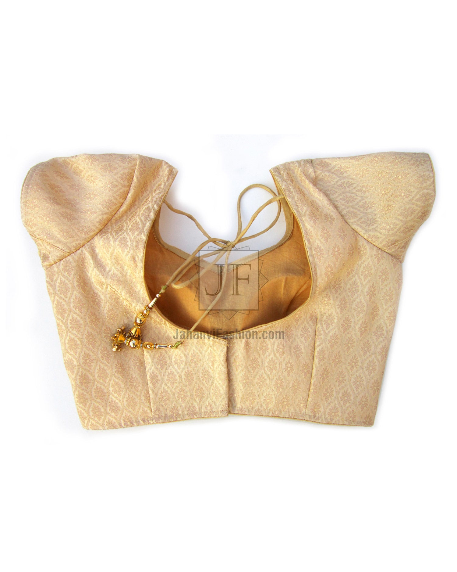 Golden brocade saree blouse with sweetheart neckline, short sleeves, princess cut