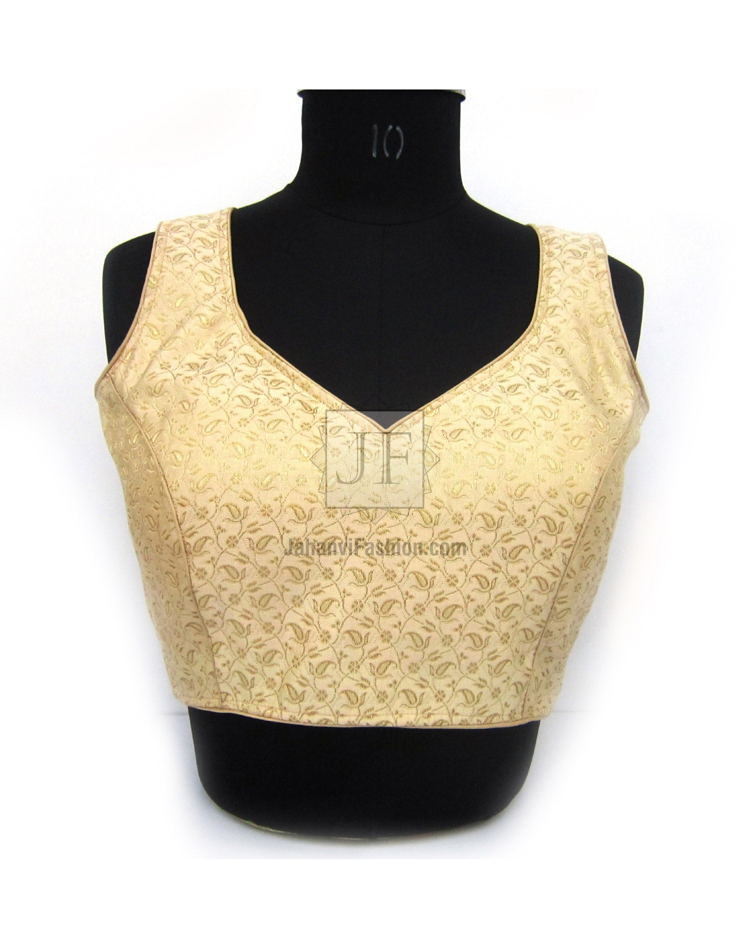 Gold brocade sleeveless saree blouse crop top, round neckline