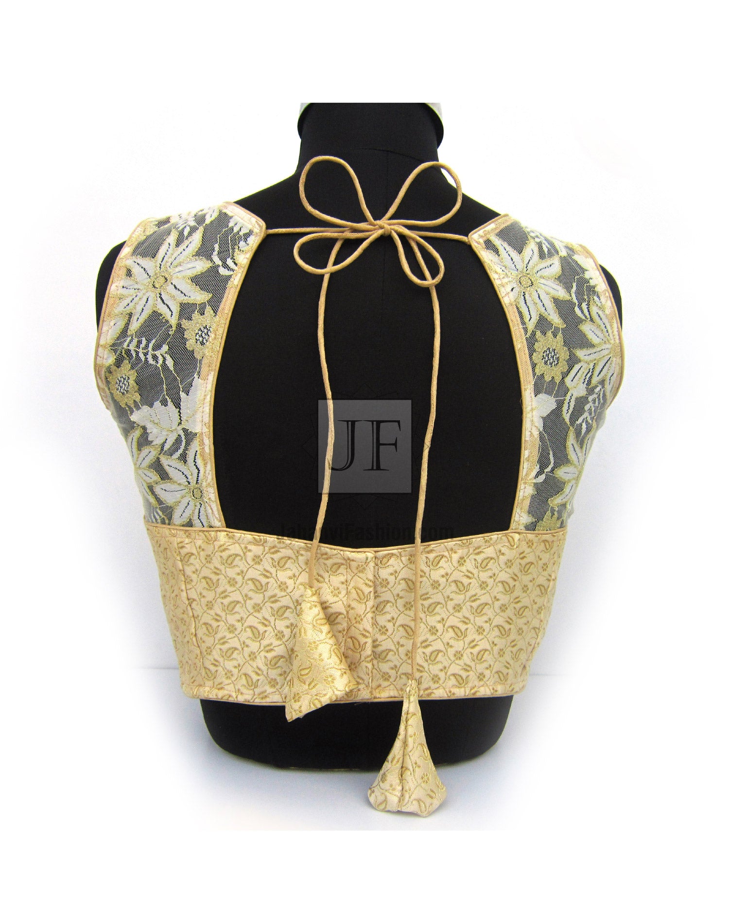 Gold brocade backless crop top with tie-neck strings and decorative sleeves