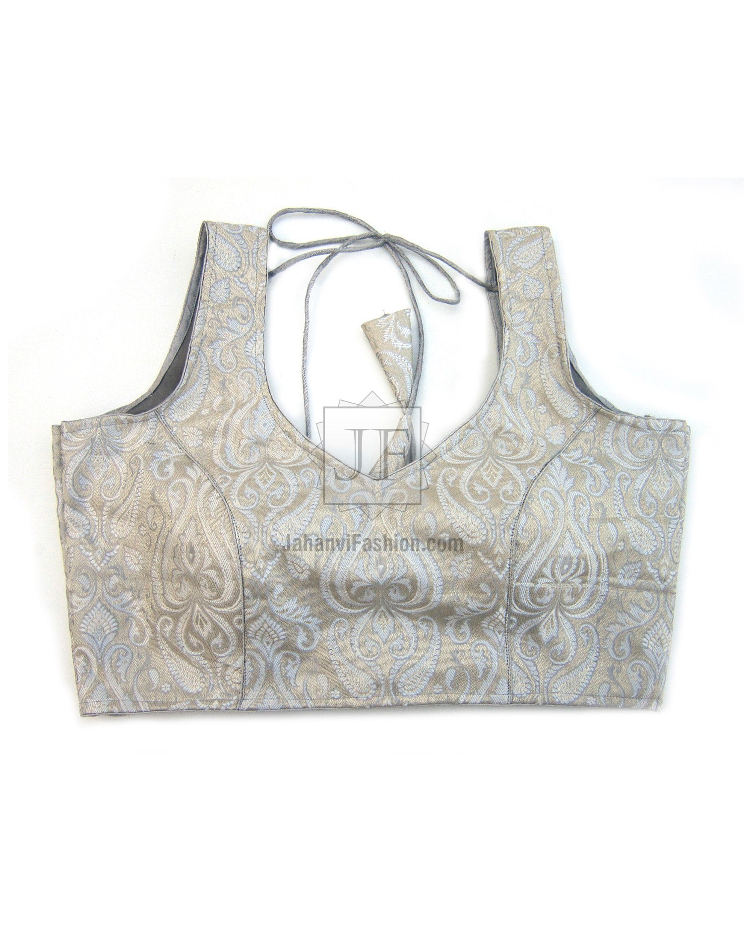 Backless brocade saree blouse top, light gold and cream, princess-cut front with ties