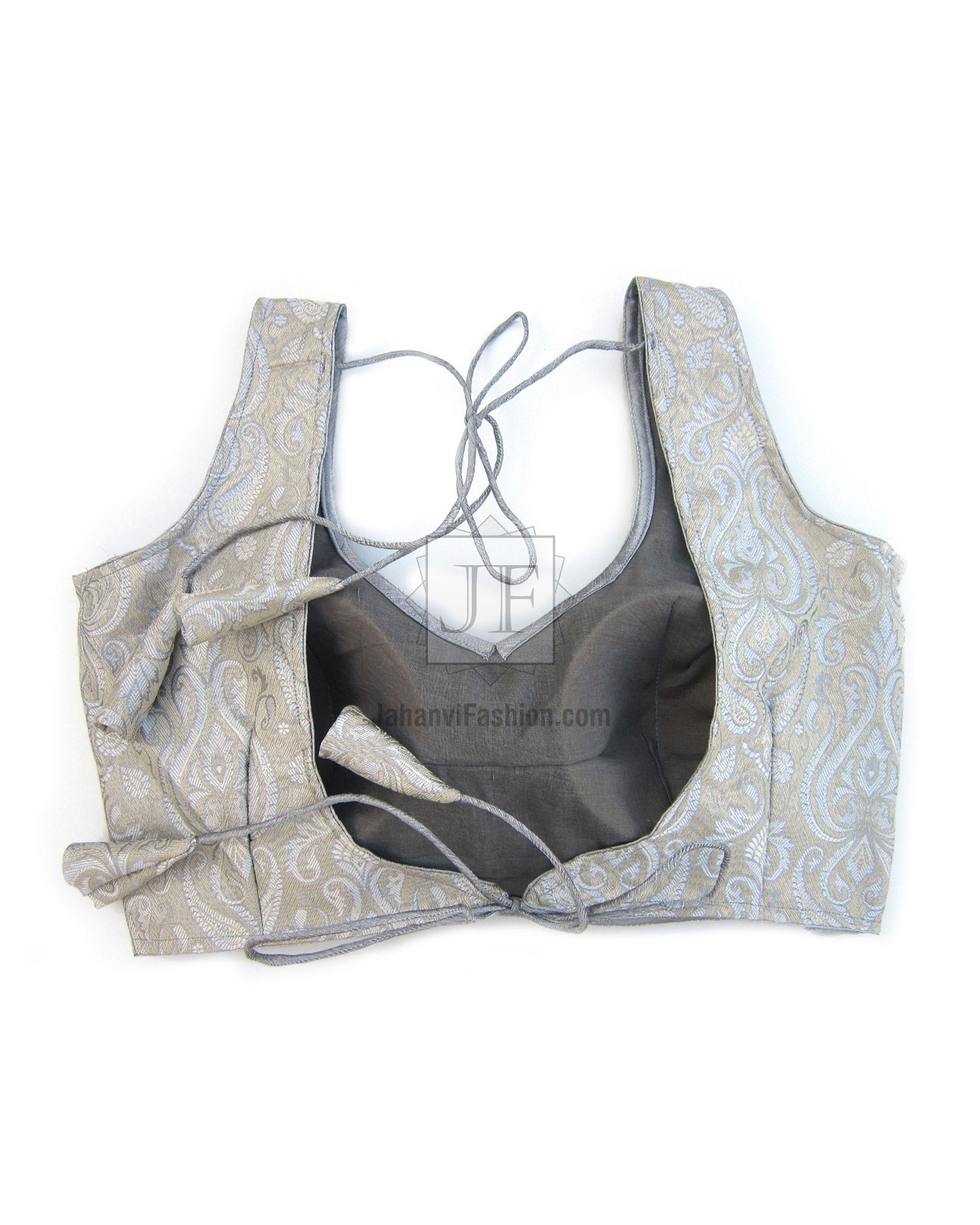 Backless brocade saree blouse top, light gold and cream, padded tie-back straps