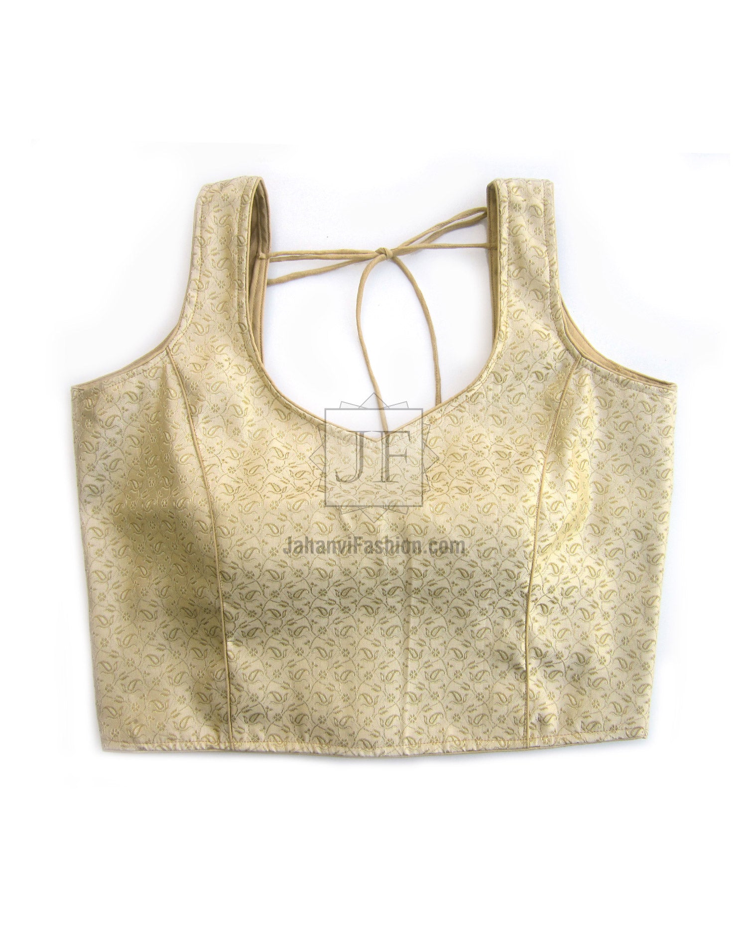 Gold sleeveless designer blouse with deep scoop back and lace-up tie neckline