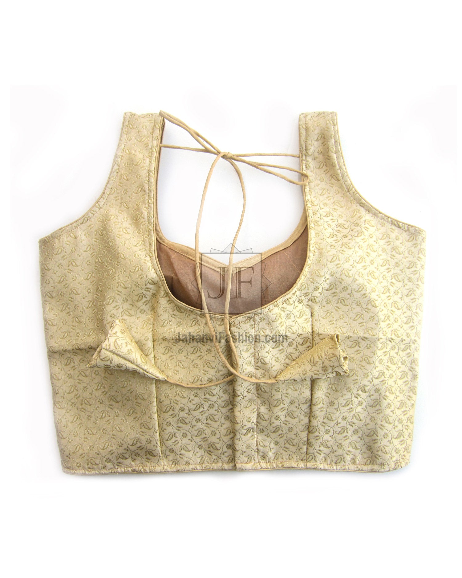 Gold sleeveless blouse with ruffled hem, deep back scoop, and lace-up straps