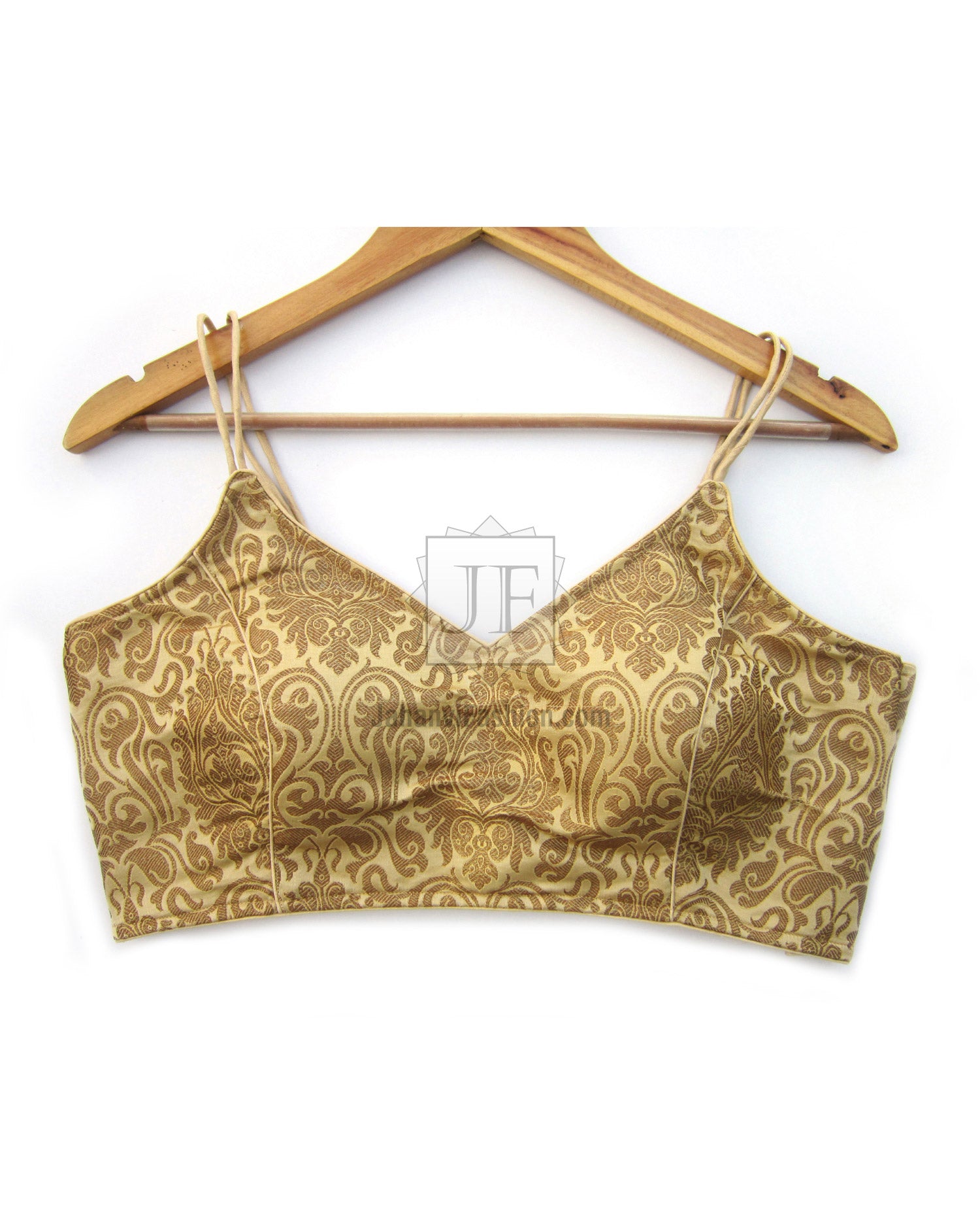Embellished saree blouse with thin straps and padded golden brocade front panel