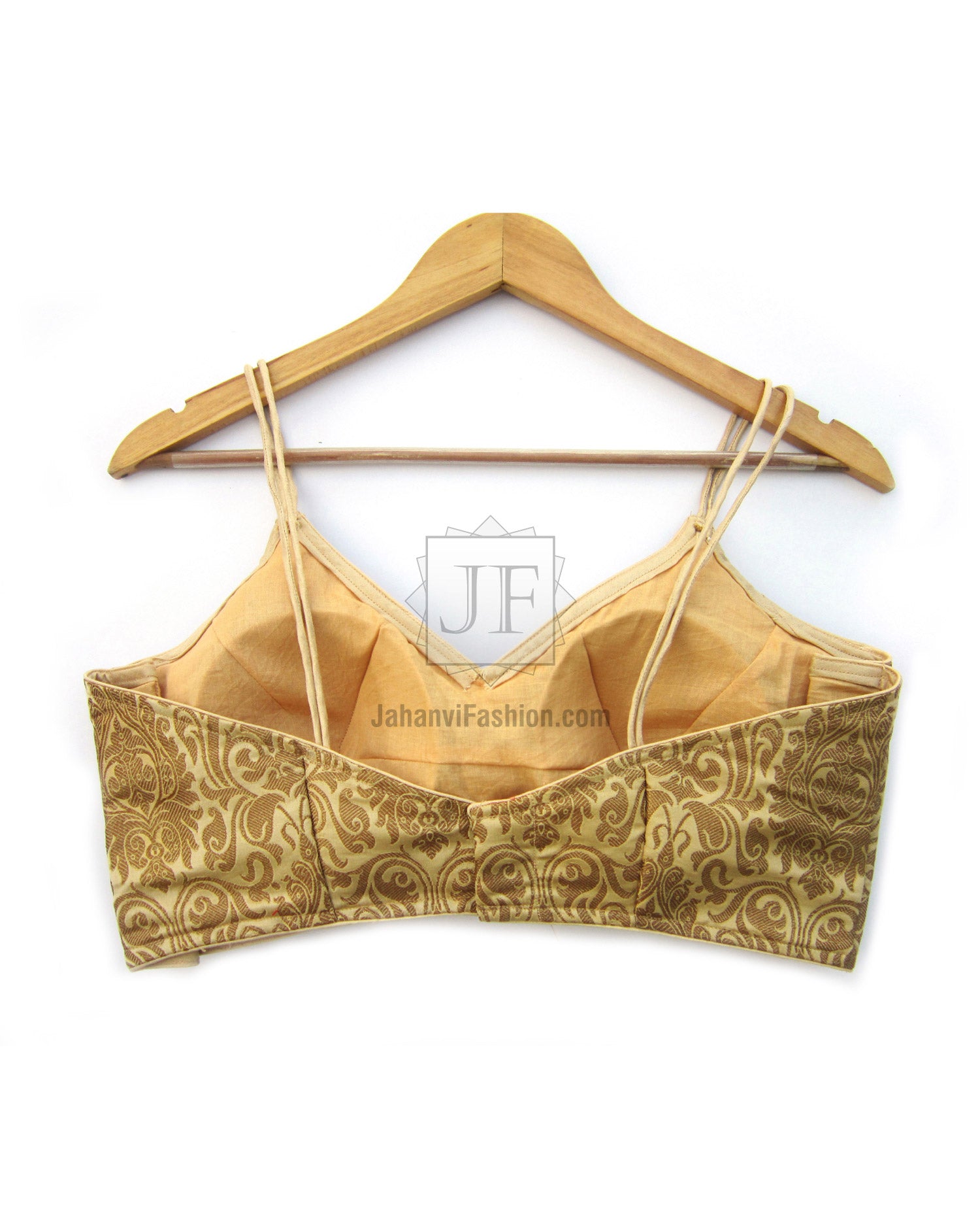 Embellished strappy saree blouse with padded bodice and V neckline, golden brocade