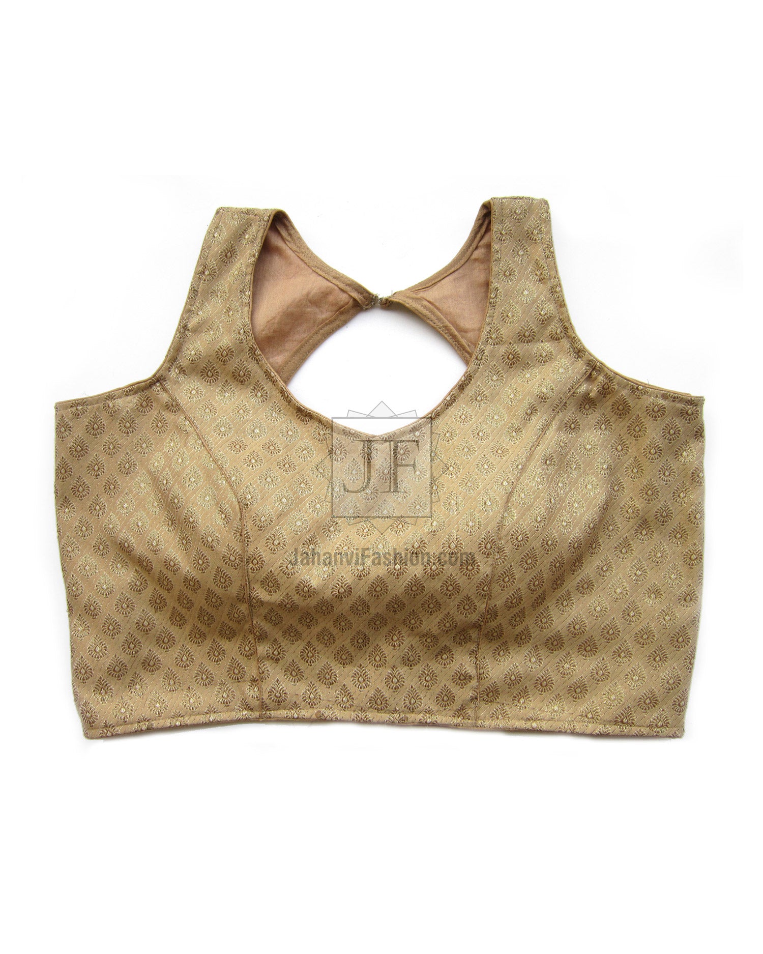 Golden sleeveless saree blouse crop top with cutout keyhole neck and textured weave