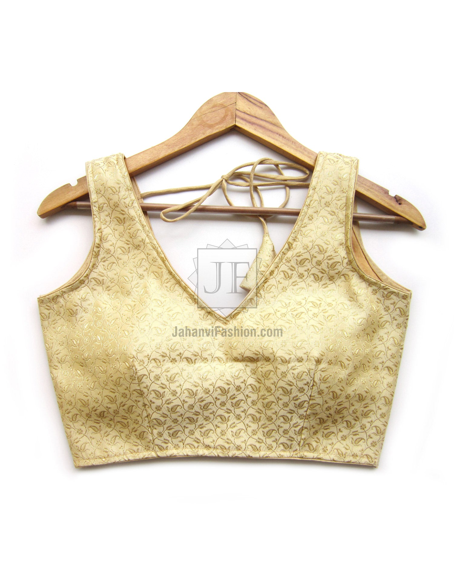 Golden sleeveless saree blouse front, V-neck padded bodice