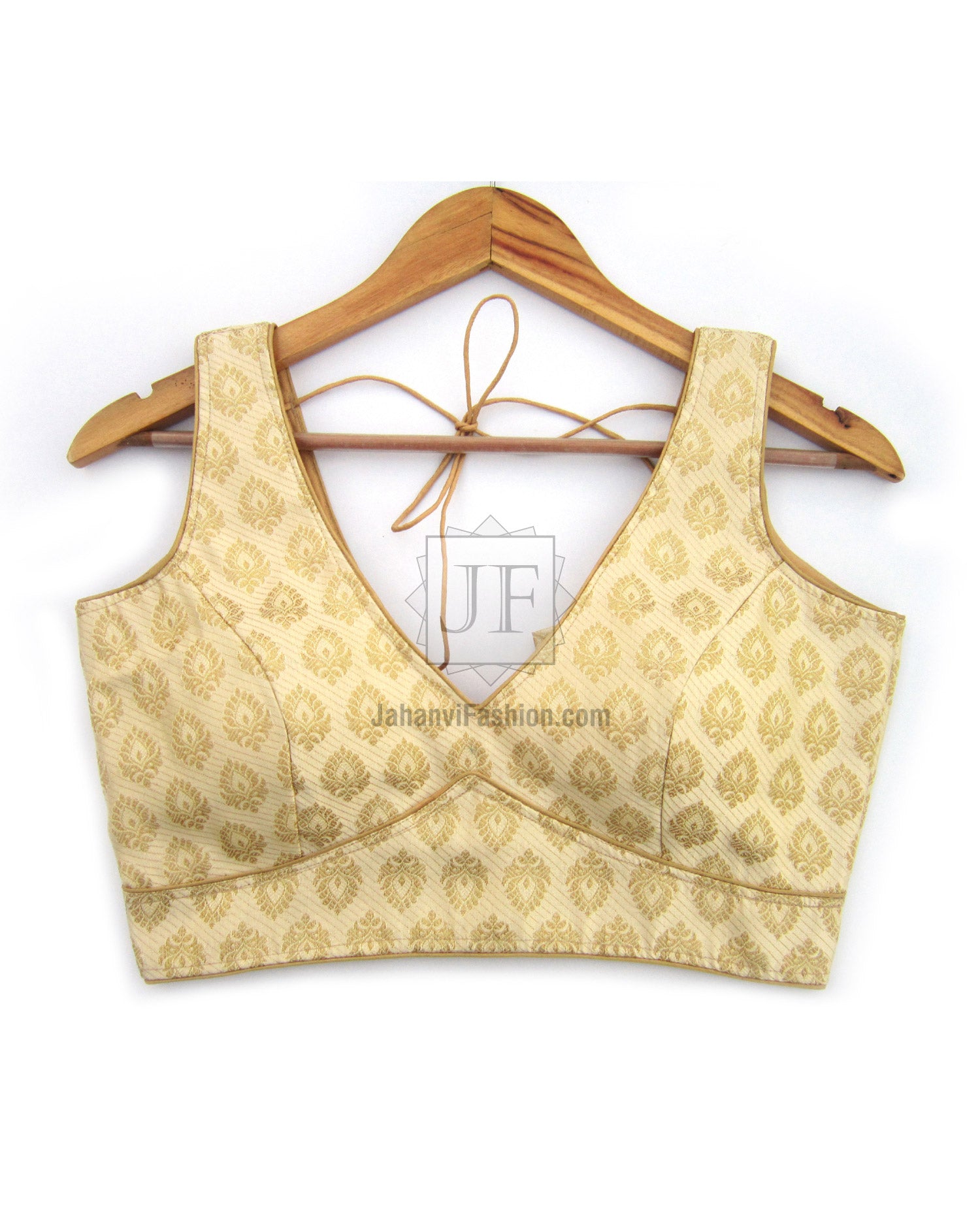 Gold brocade saree blouse, sleeveless V-neck with self-tie strings on hanger