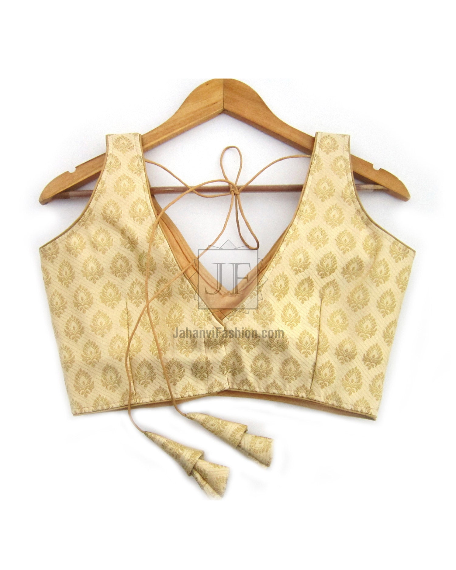 Gold brocade saree blouse, sleeveless V-neck with self-tie cords and tassels