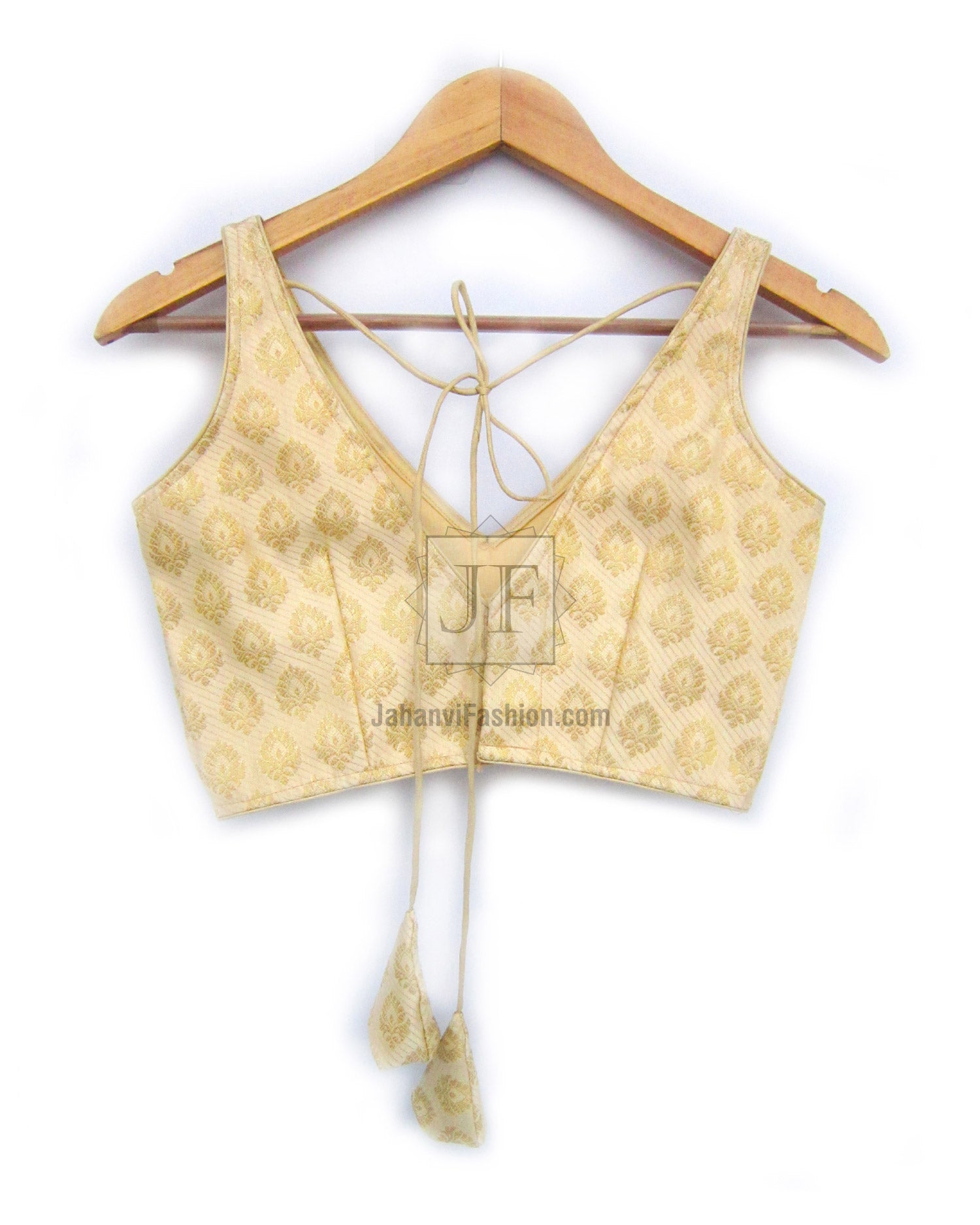Golden boat-neck sleeveless saree blouse with woven pattern and tassel tie details