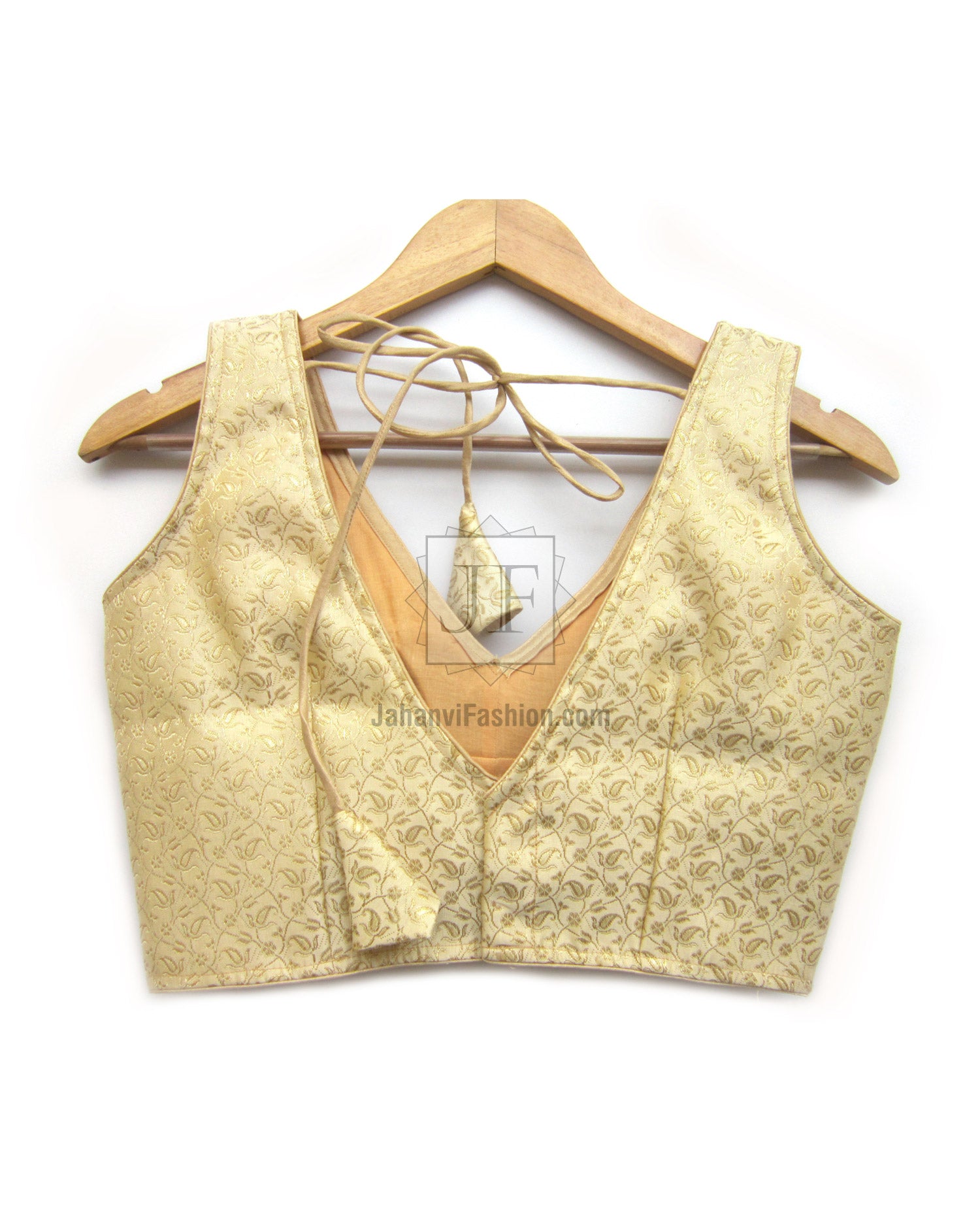 Golden sleeveless saree blouse with V-neck, padded bodice, open-back tie strings