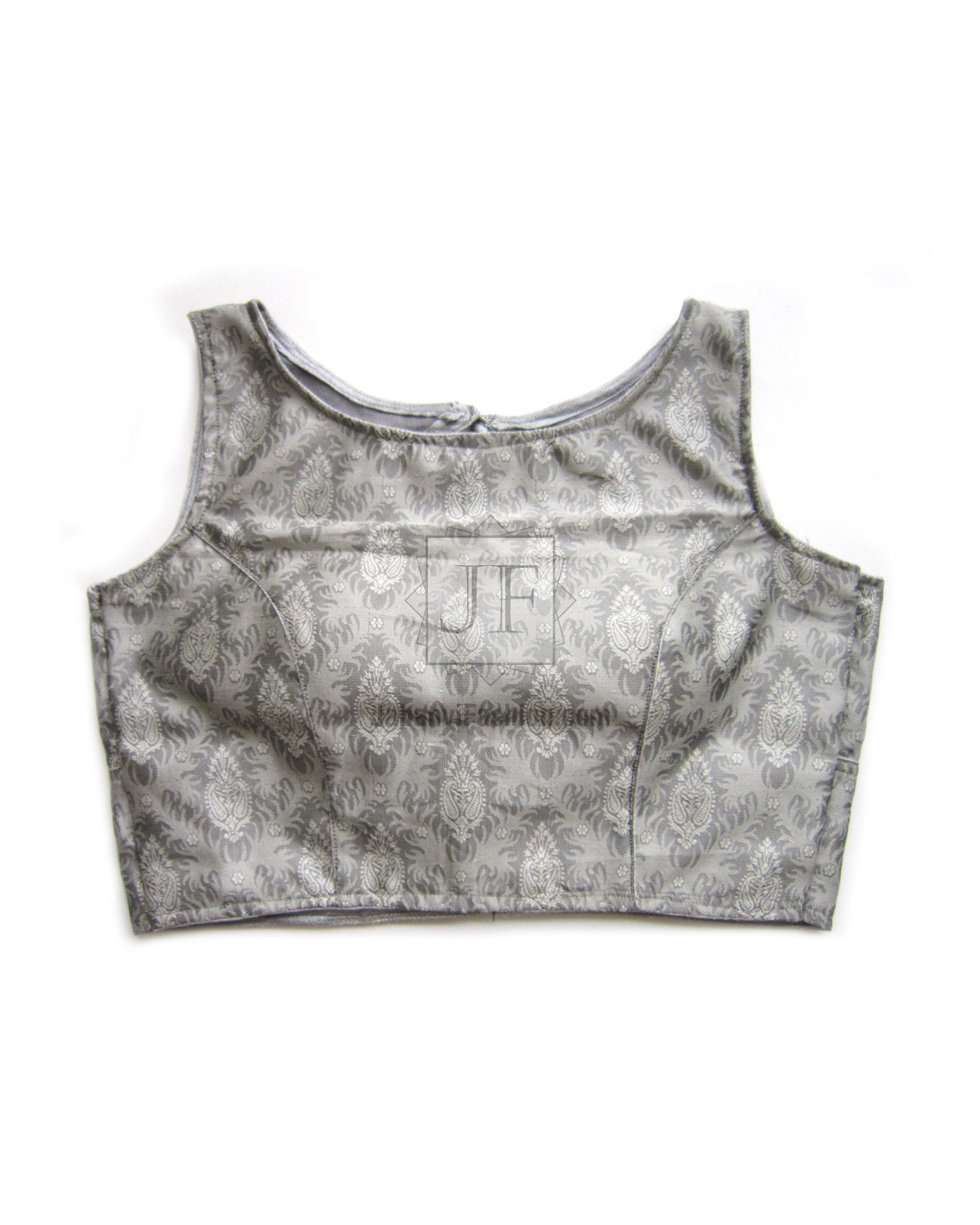 Silver brocade saree blouse, sleeveless with round neckline and padded bust