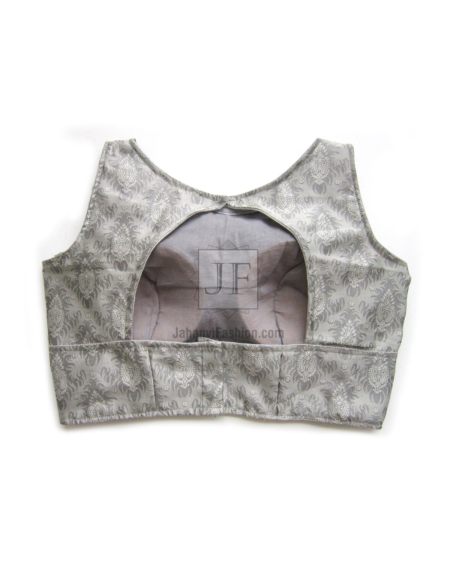 Silver brocade saree blouse with open back keyhole cutout and padded cups