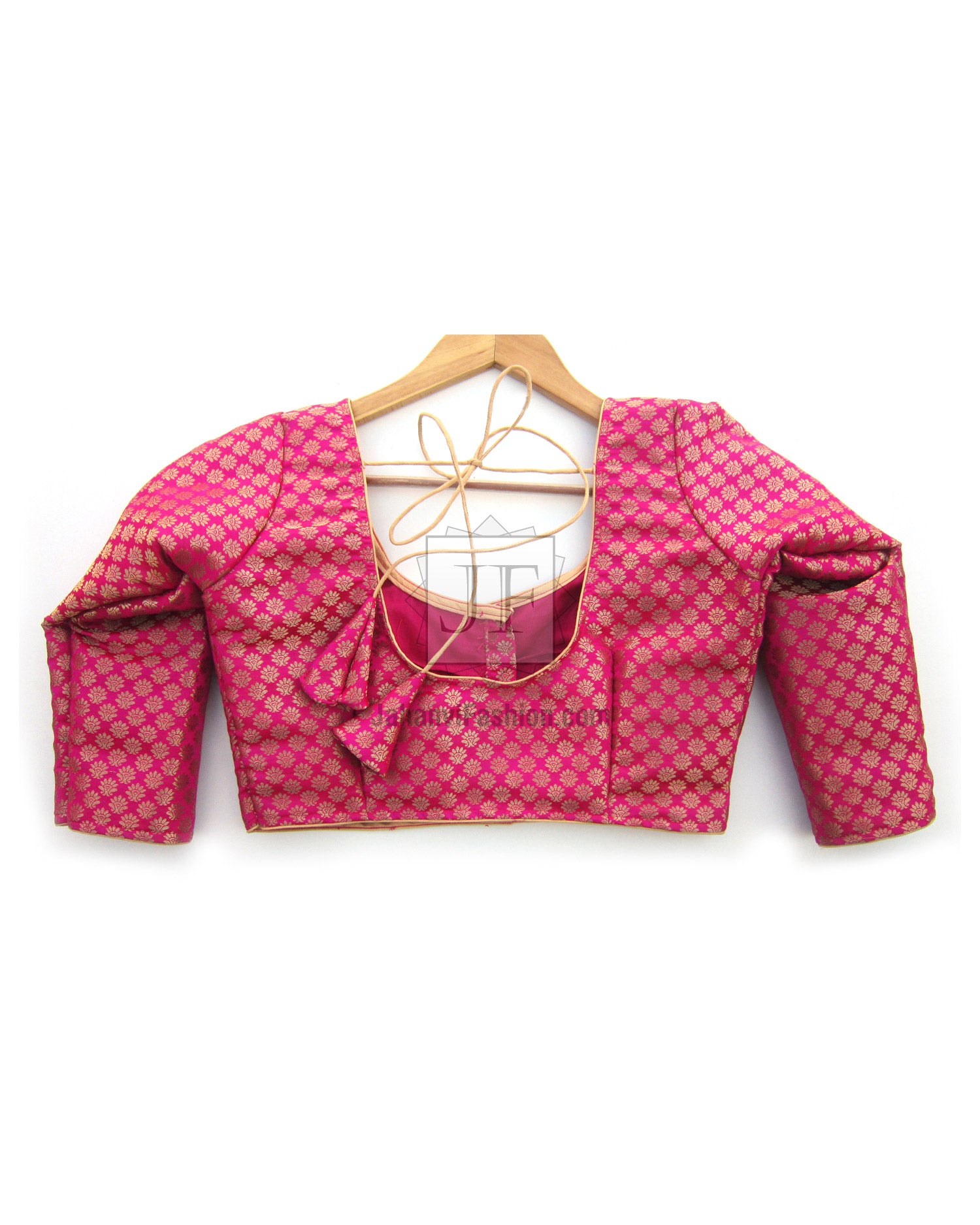 Magenta patterned saree blouse with low back tie strap and long sleeves