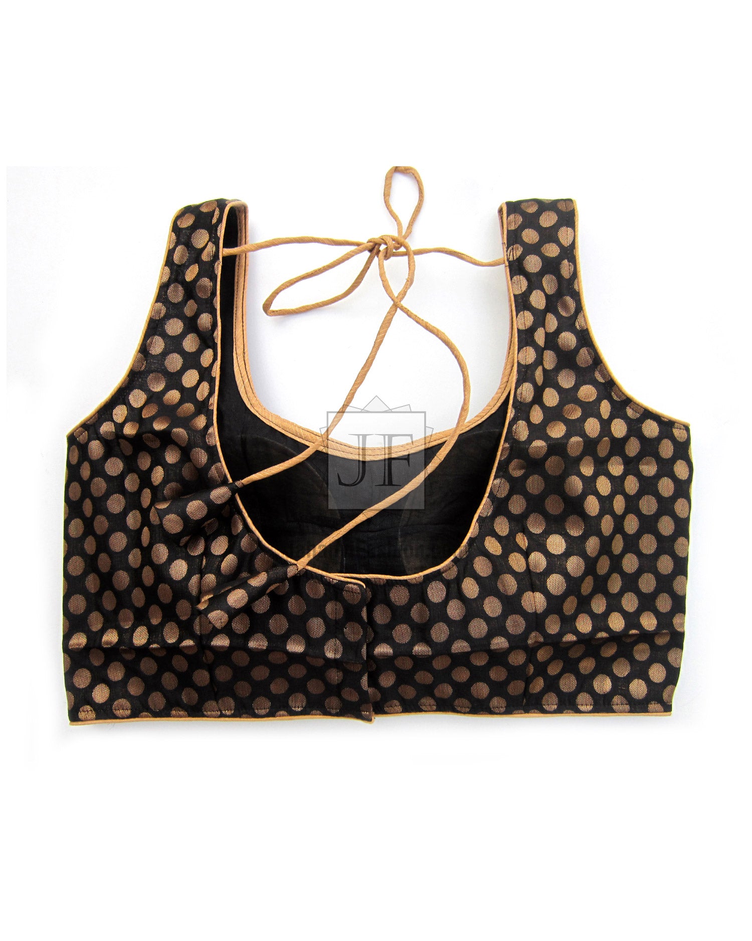 Scoop-neck chanderi blouse in dark fabric with gold polka dots and lace-up tie back