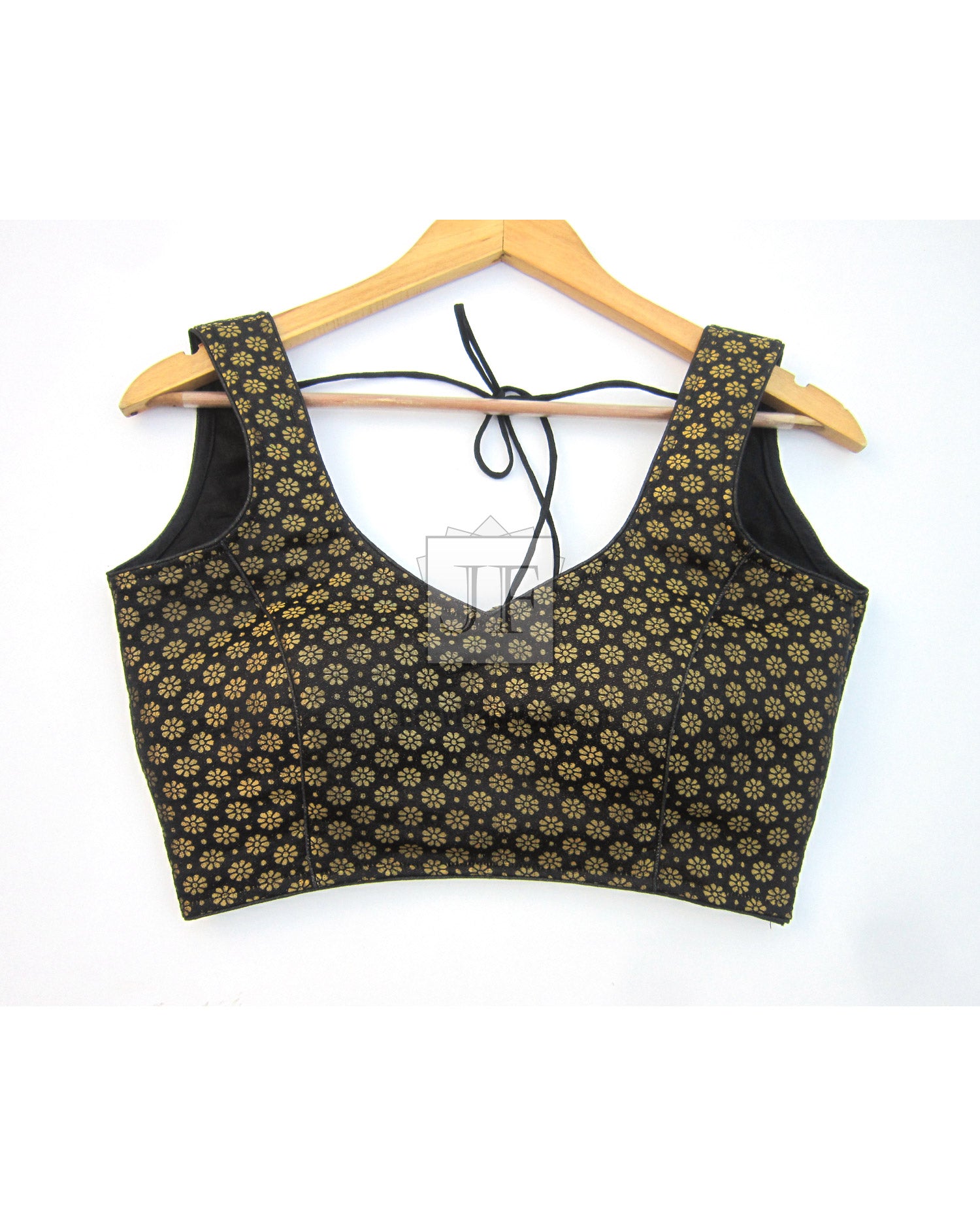 Black and gold brocade silk crop saree blouse, wide shoulder straps, U-neck