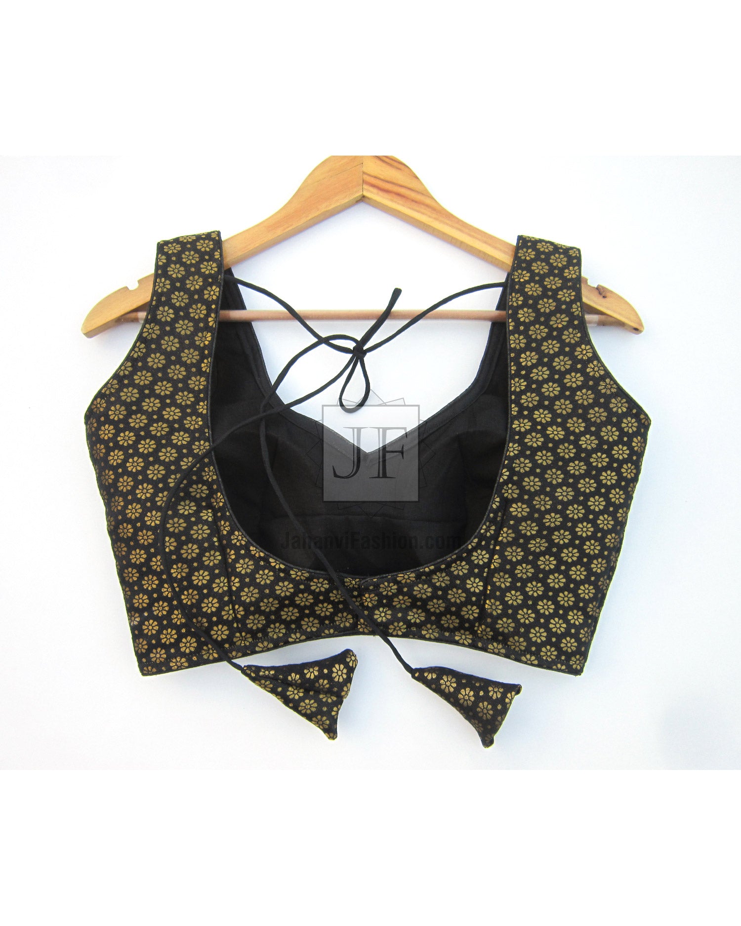 Black and gold brocade silk crop saree blouse, U-neck with back tie strings