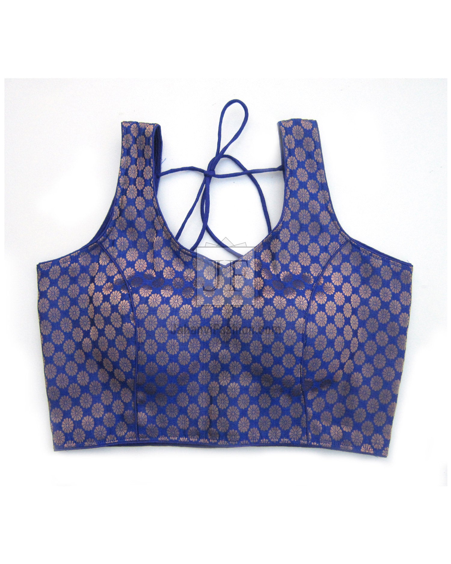 Blue brocade saree blouse with padded sweetheart neckline and lace-up back