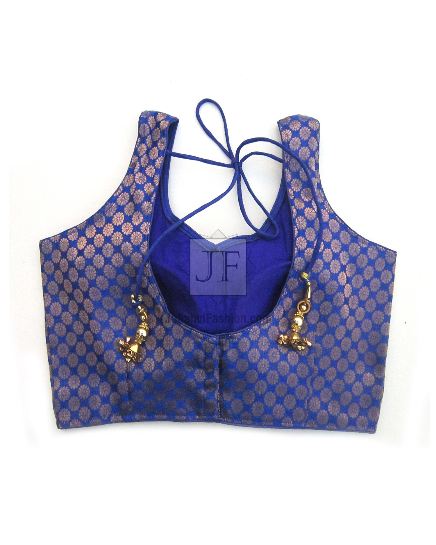 Blue brocade saree blouse with padded sweetheart neckline and lace-up back strings