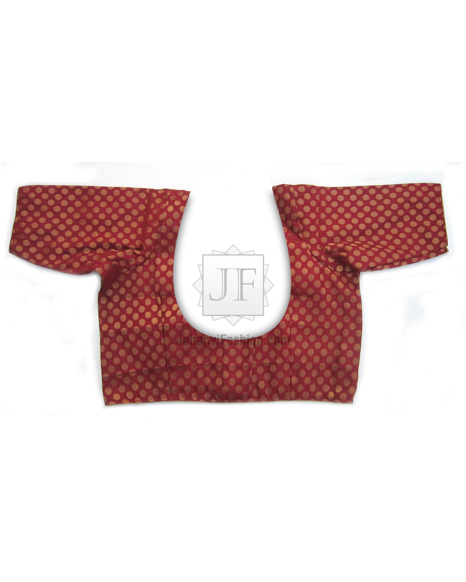 Red chanderi saree blouse with round neck, short sleeves, small dot pattern