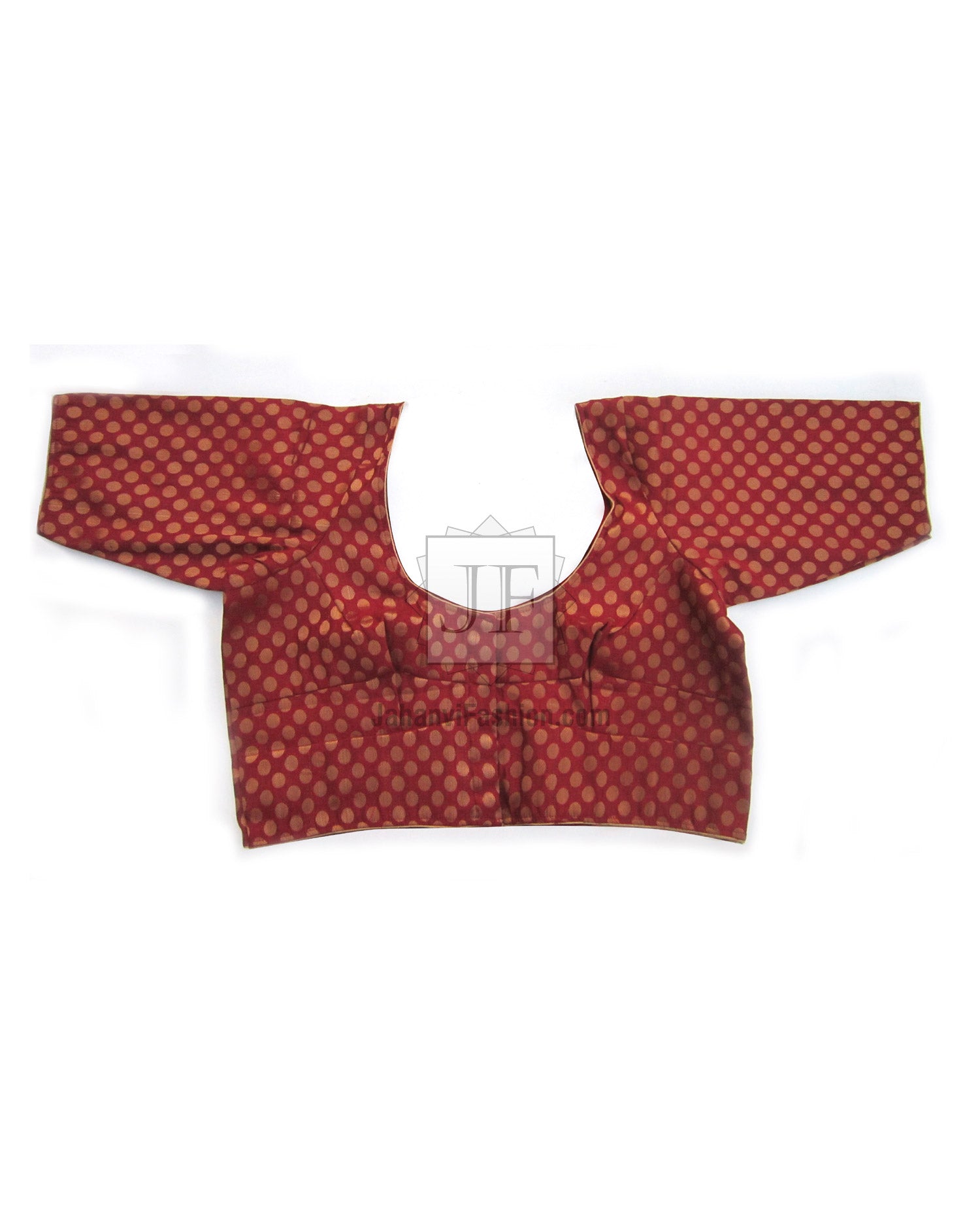 Red saree blouse with round neck, gathered front panel, short sleeves, dot motif