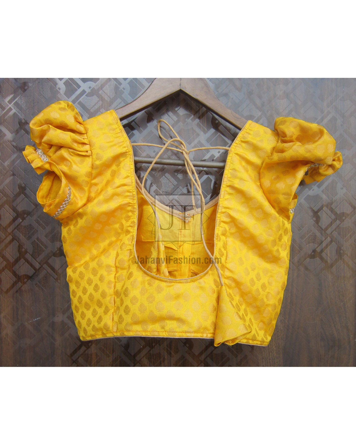 Yellow chanderi silk crop top blouse with puff sleeves and embroidered texture