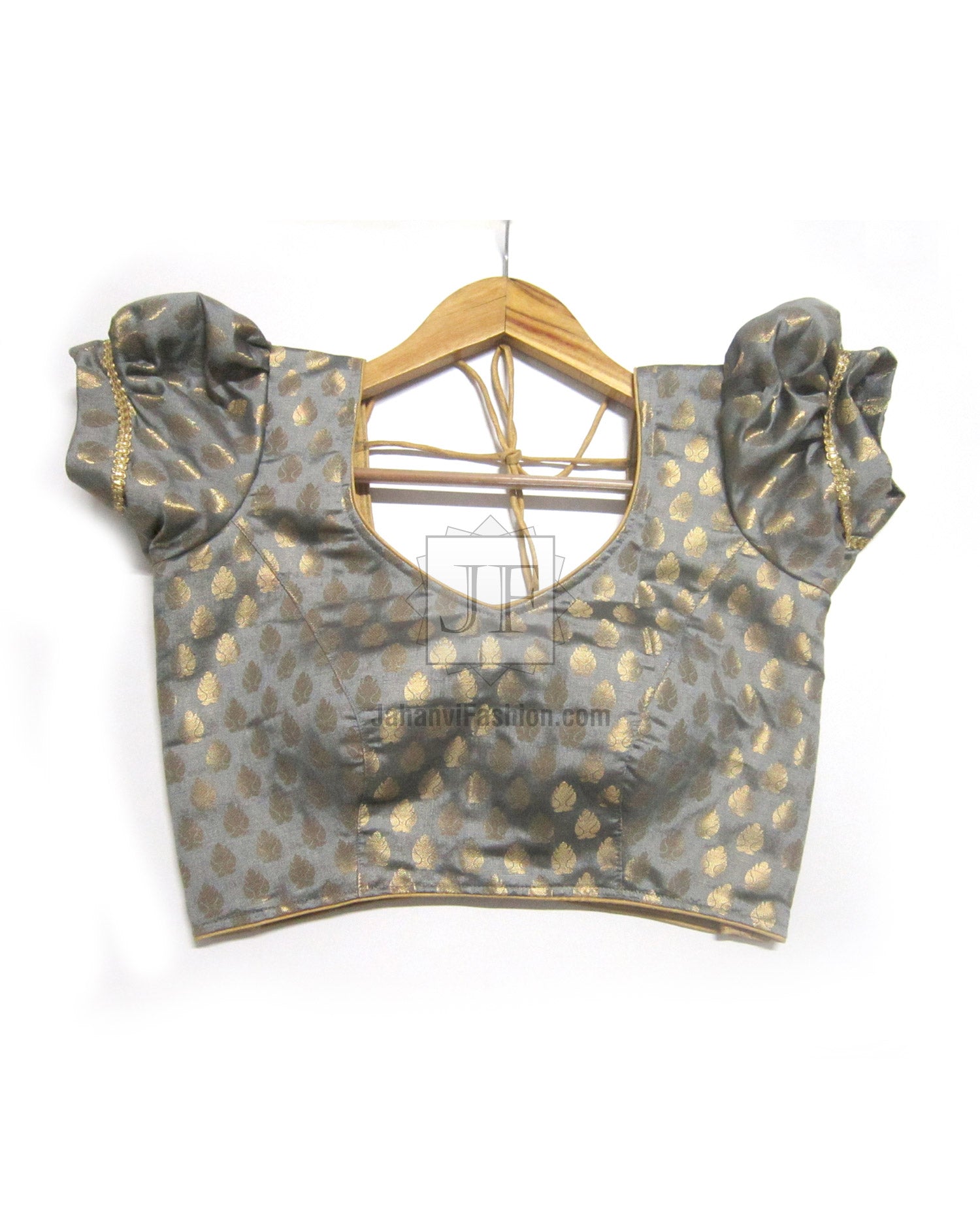 Puff sleeve blouse with sweetheart neckline, short length, gray fabric with gold motifs