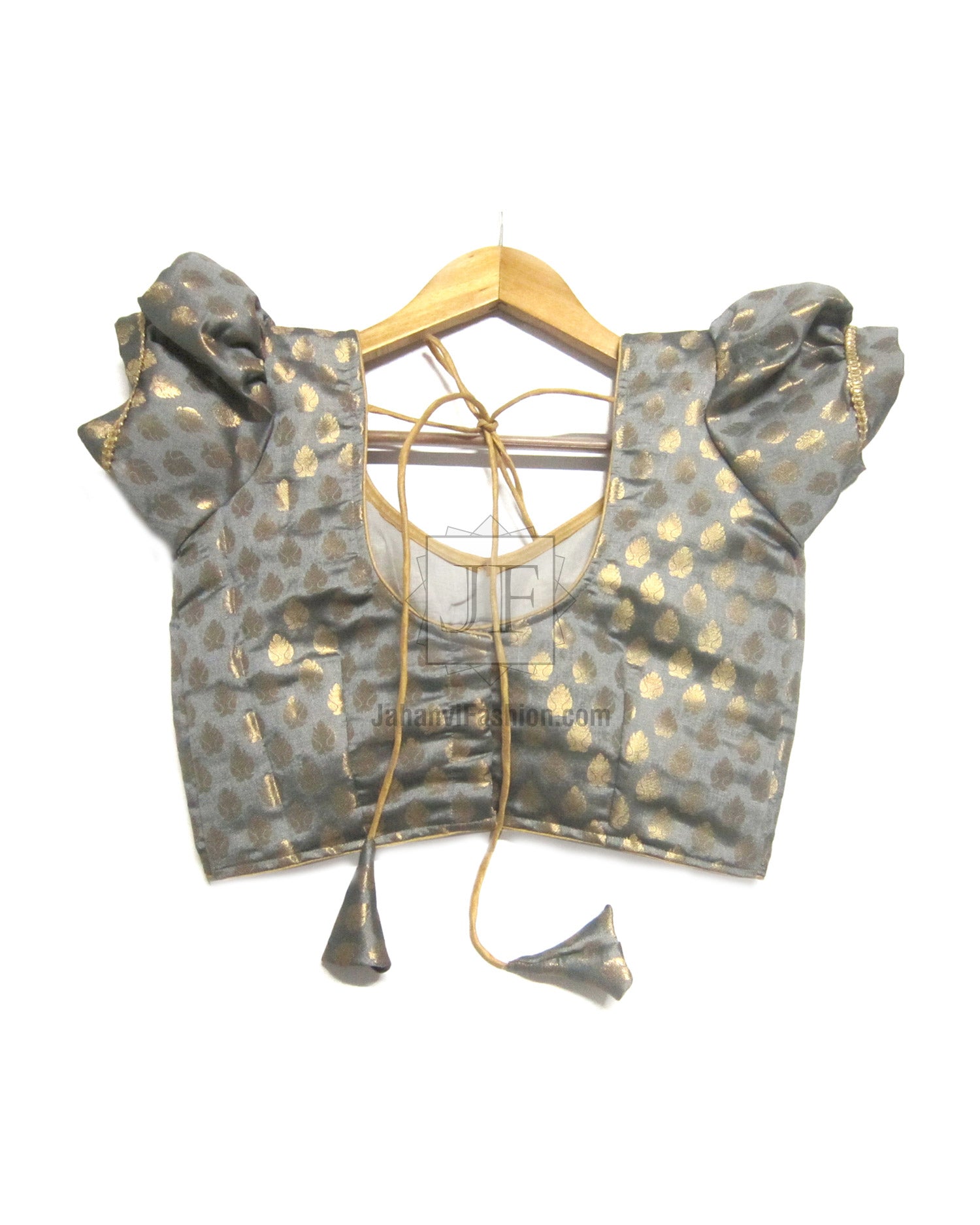 Backless puff sleeve blouse, gray with gold motifs, crisscross tie at back