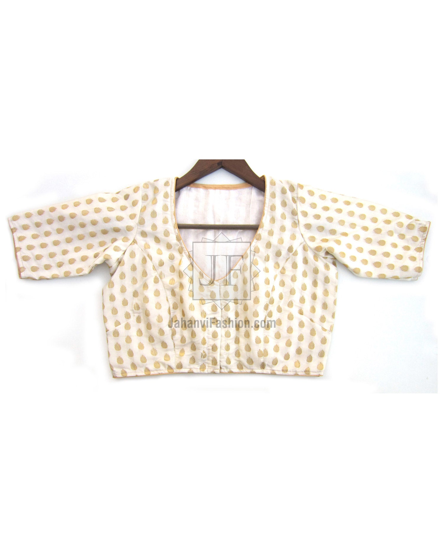 Off-white chanderi crop blouse, round neckline, small gold dot pattern