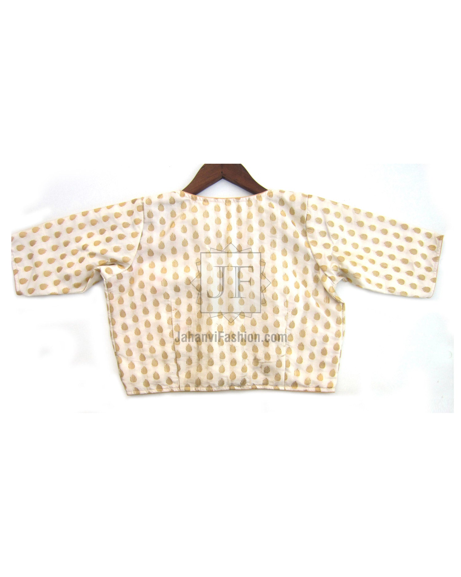Off-white chanderi crop blouse with small gold dots, wide sleeves