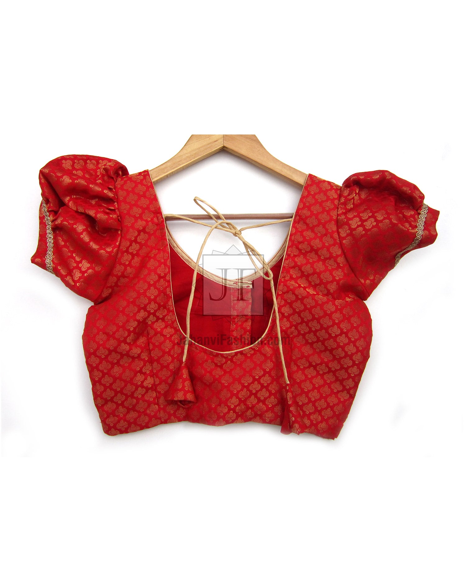 Red puff-sleeve saree blouse with sweetheart neckline and open back ties