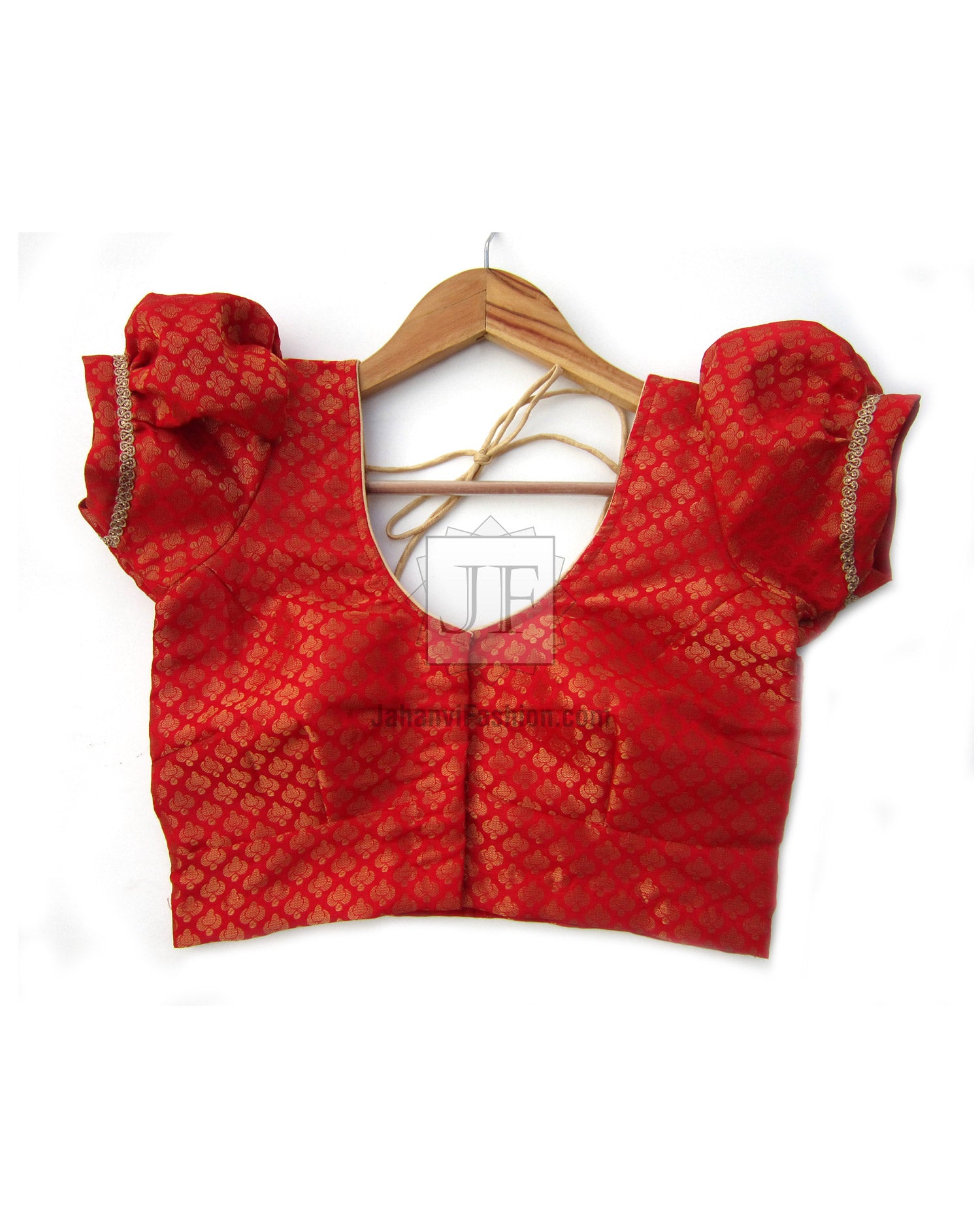 Red saree blouse, puff sleeves, open back ties, front hook closure