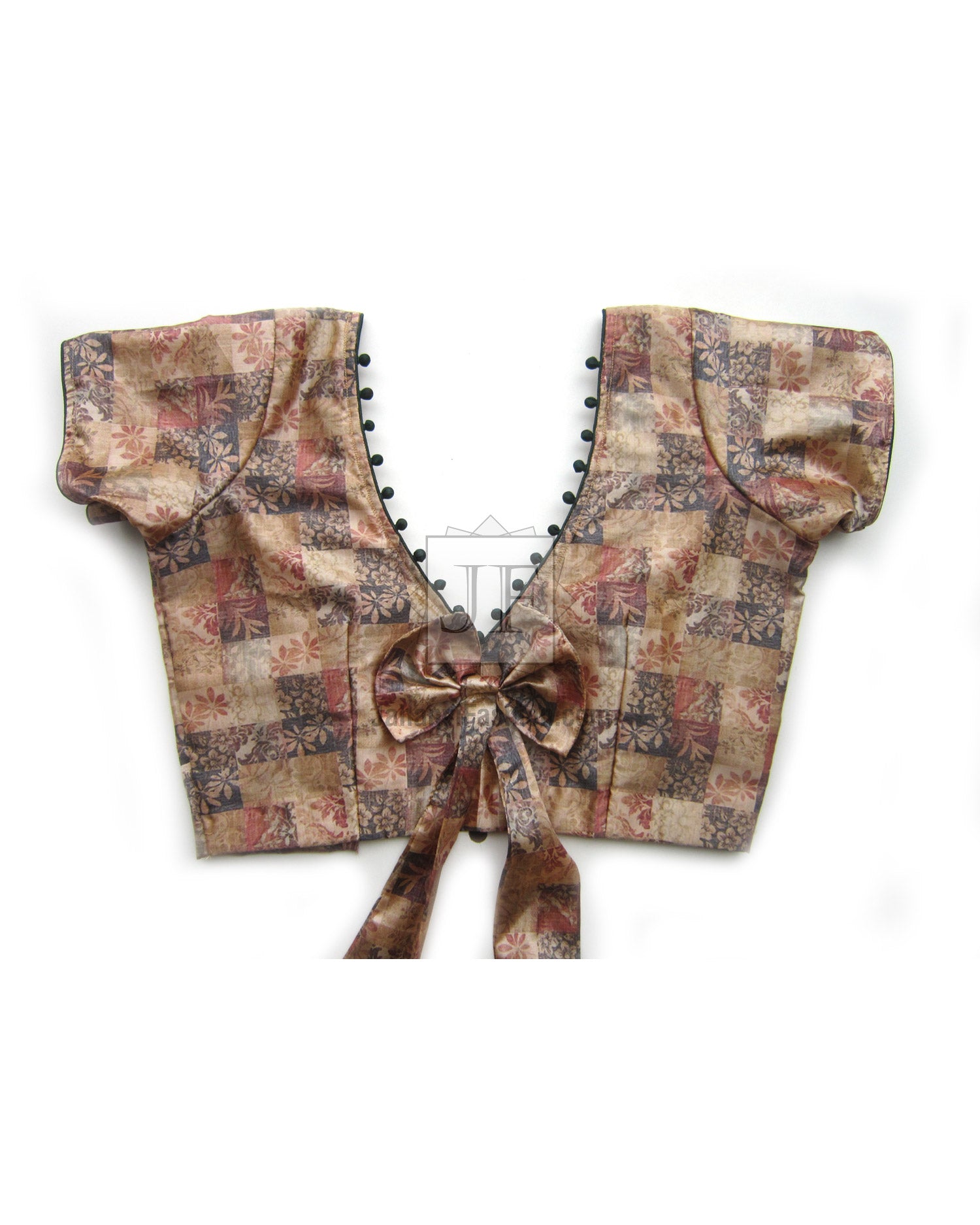 Multicolor printed V-neck saree blouse crop top with tie bow and short sleeves