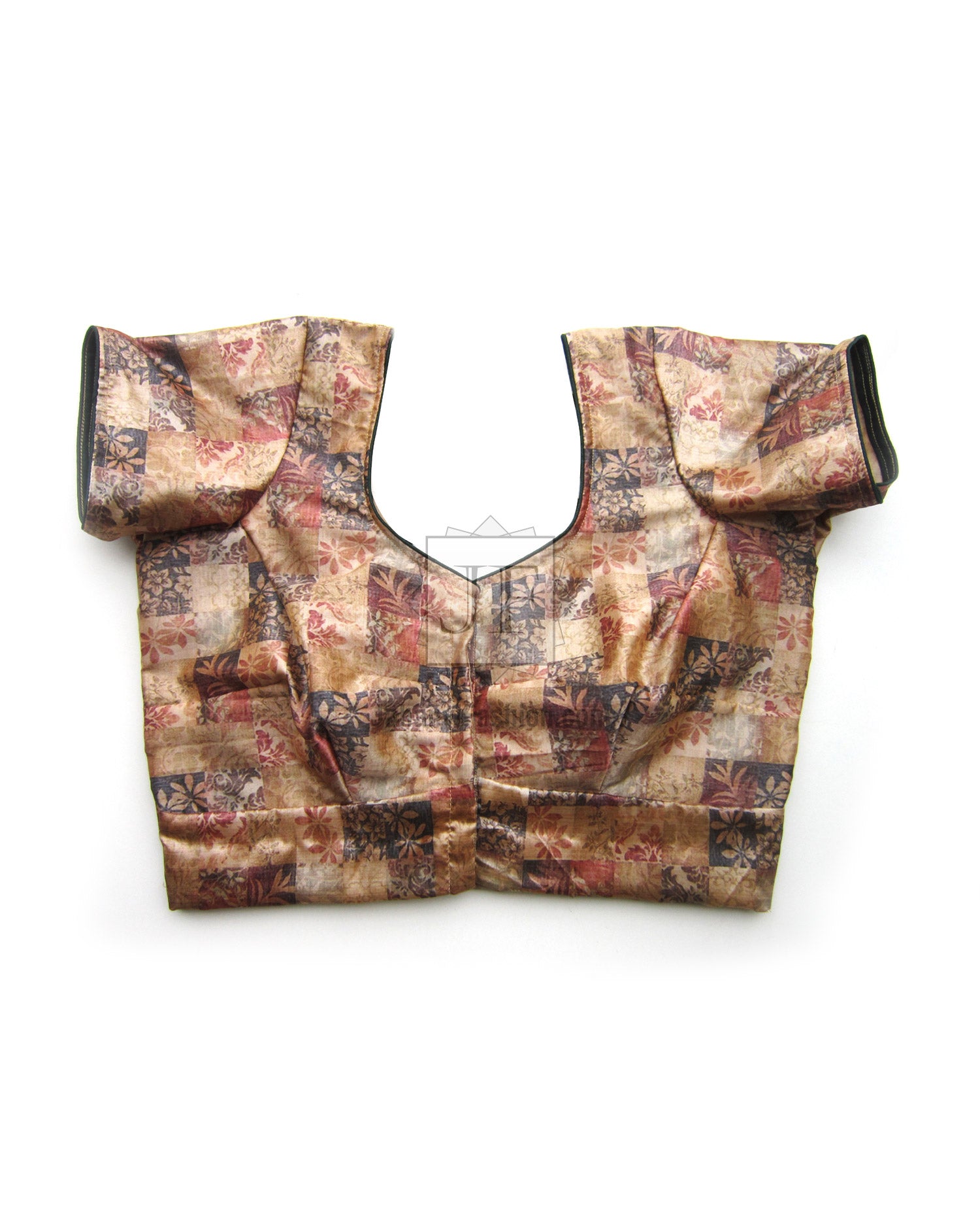 Multicolor printed V-neck saree blouse crop top with short sleeves and U-shaped neckline