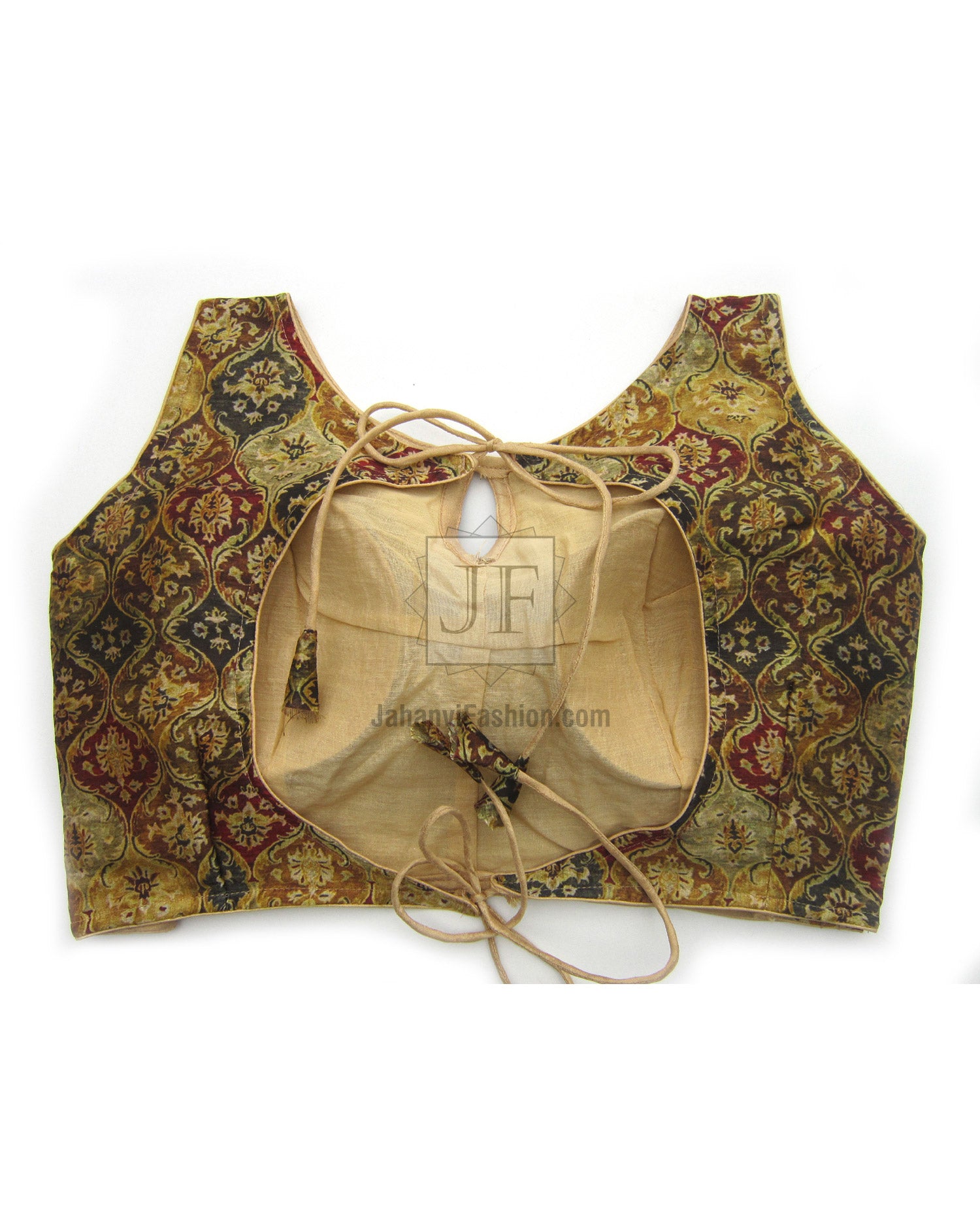 Back view sari blouse with tie lacing, boat neck, gold red dark green brocade